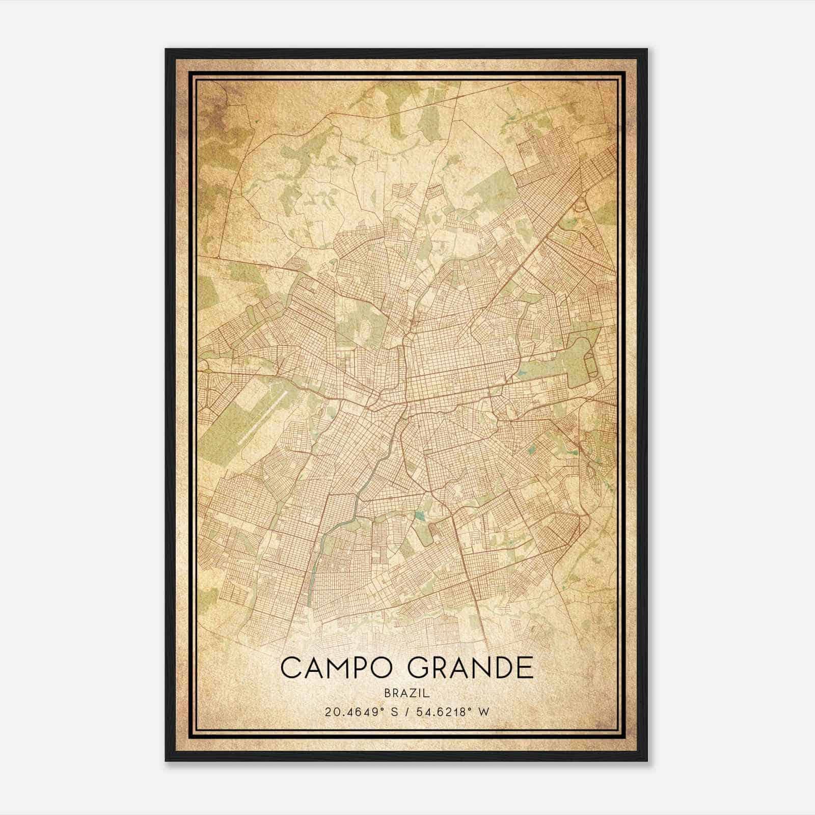 Vintage Campo Grande Brazil Map Poster, Campo Grande City Road Wall Art Print