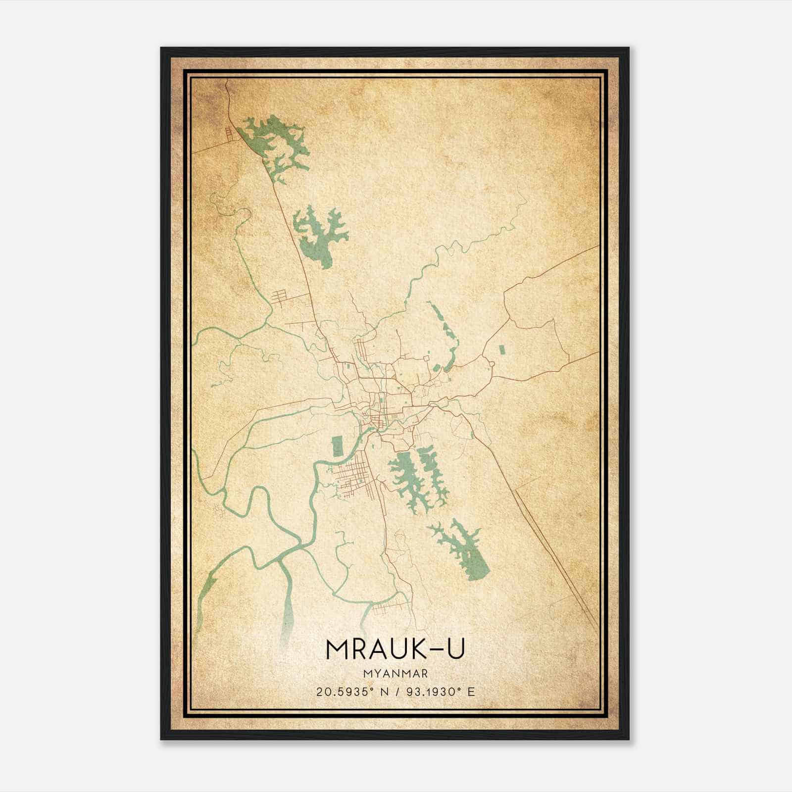 Vintage MraukU Myanmar Map Poster, MraukU City Road Wall Art Print