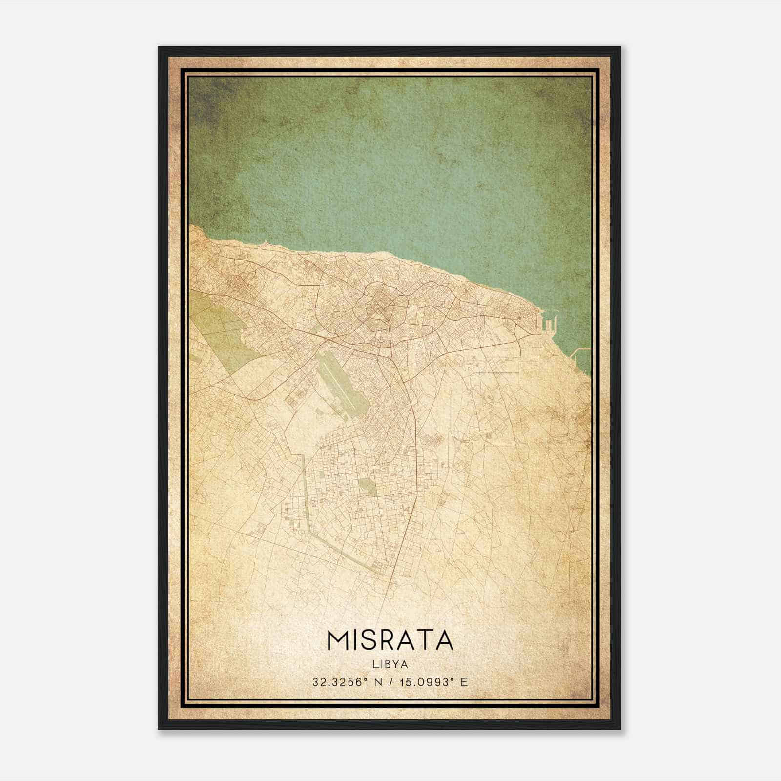 Vintage Misrata Libya Map Poster, Misrata City Road Wall Art Print