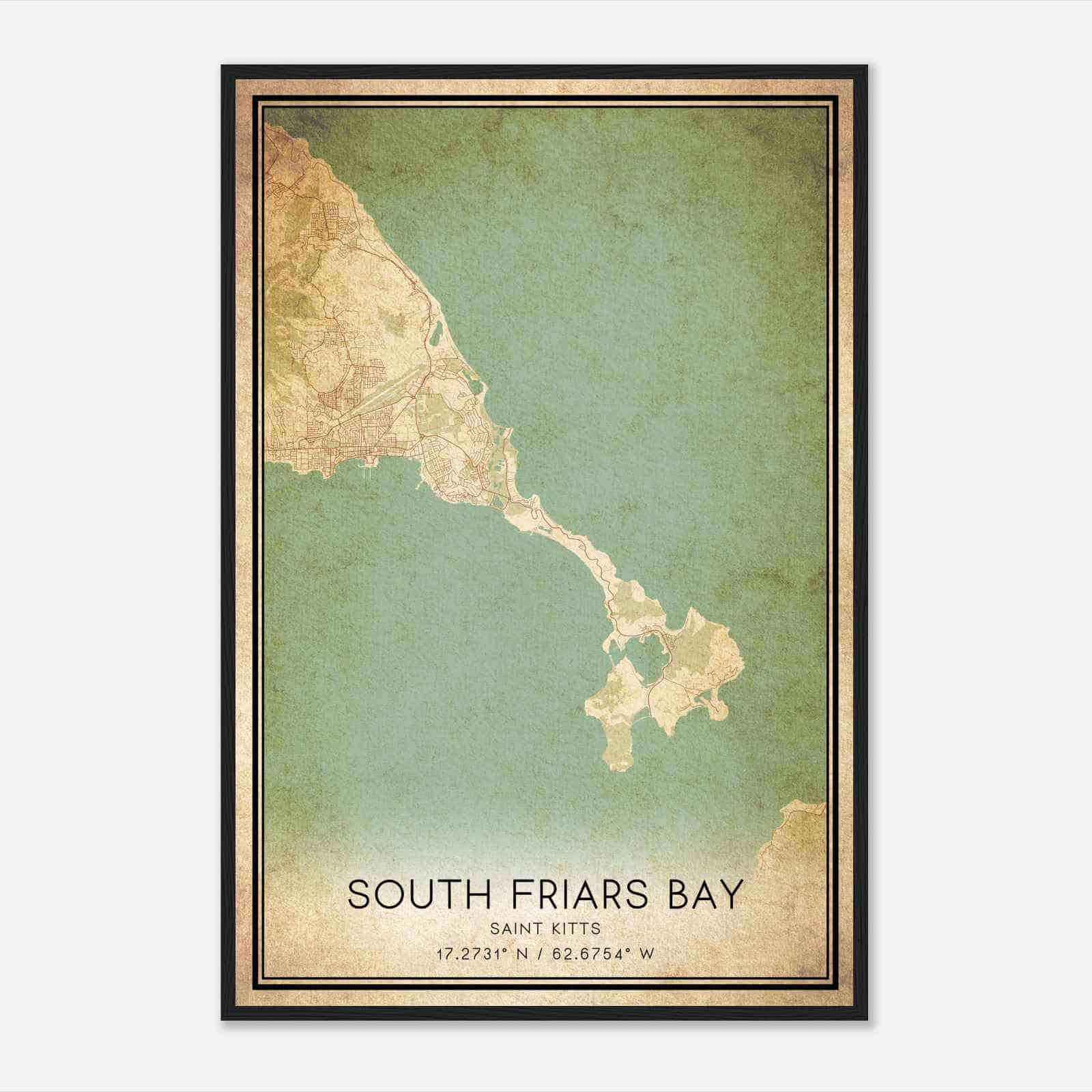 Vintage South Friars Bay Saint Kitts Map Poster, South Friars Bay City Road Wall Art Print