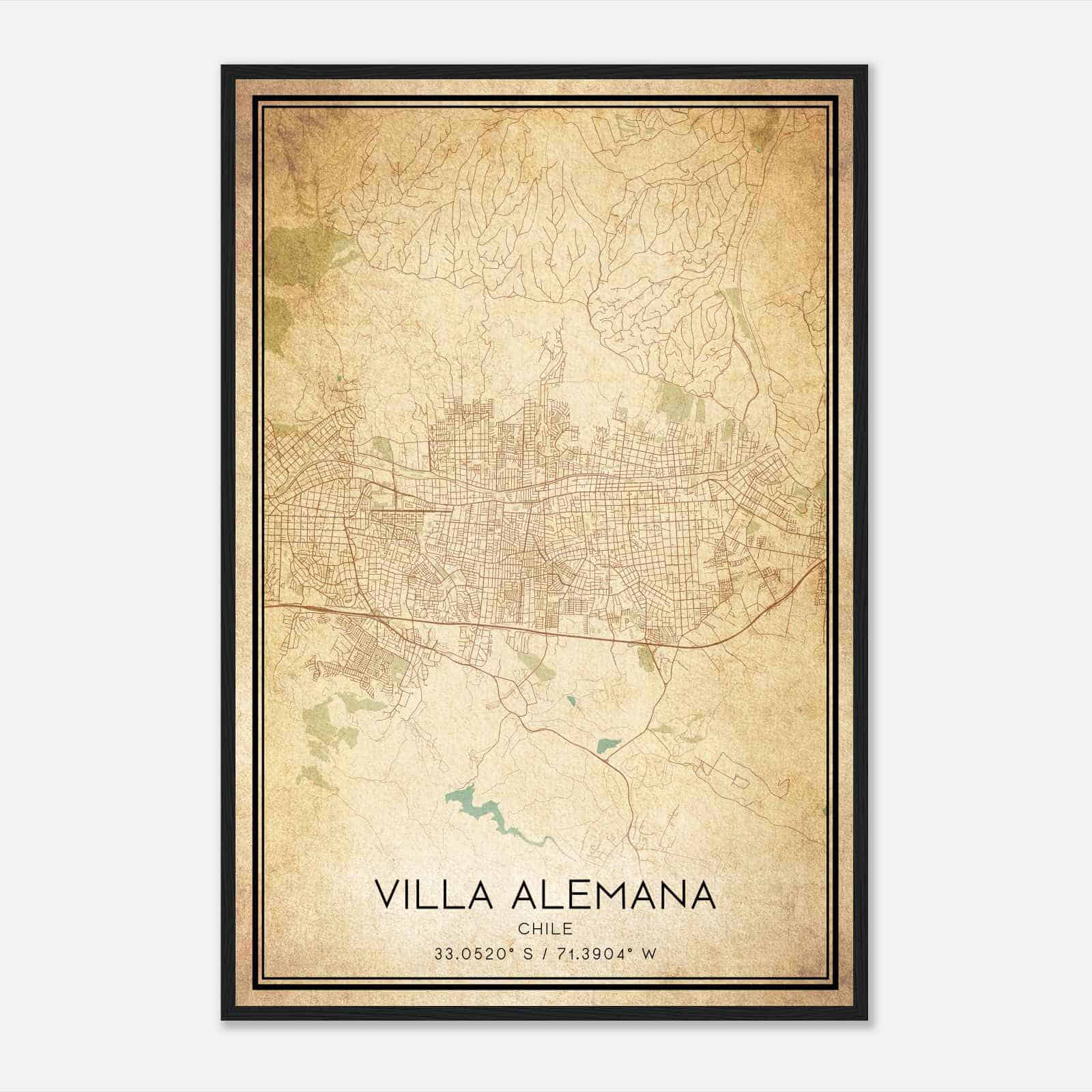 Vintage Villa Alemana Chile Map Poster, Villa Alemana City Road Wall Art Print