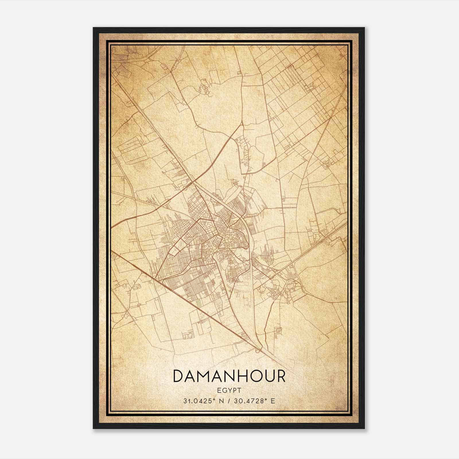 Vintage Damanhour Egypt Map Poster, Damanhour City Road Wall Art Print