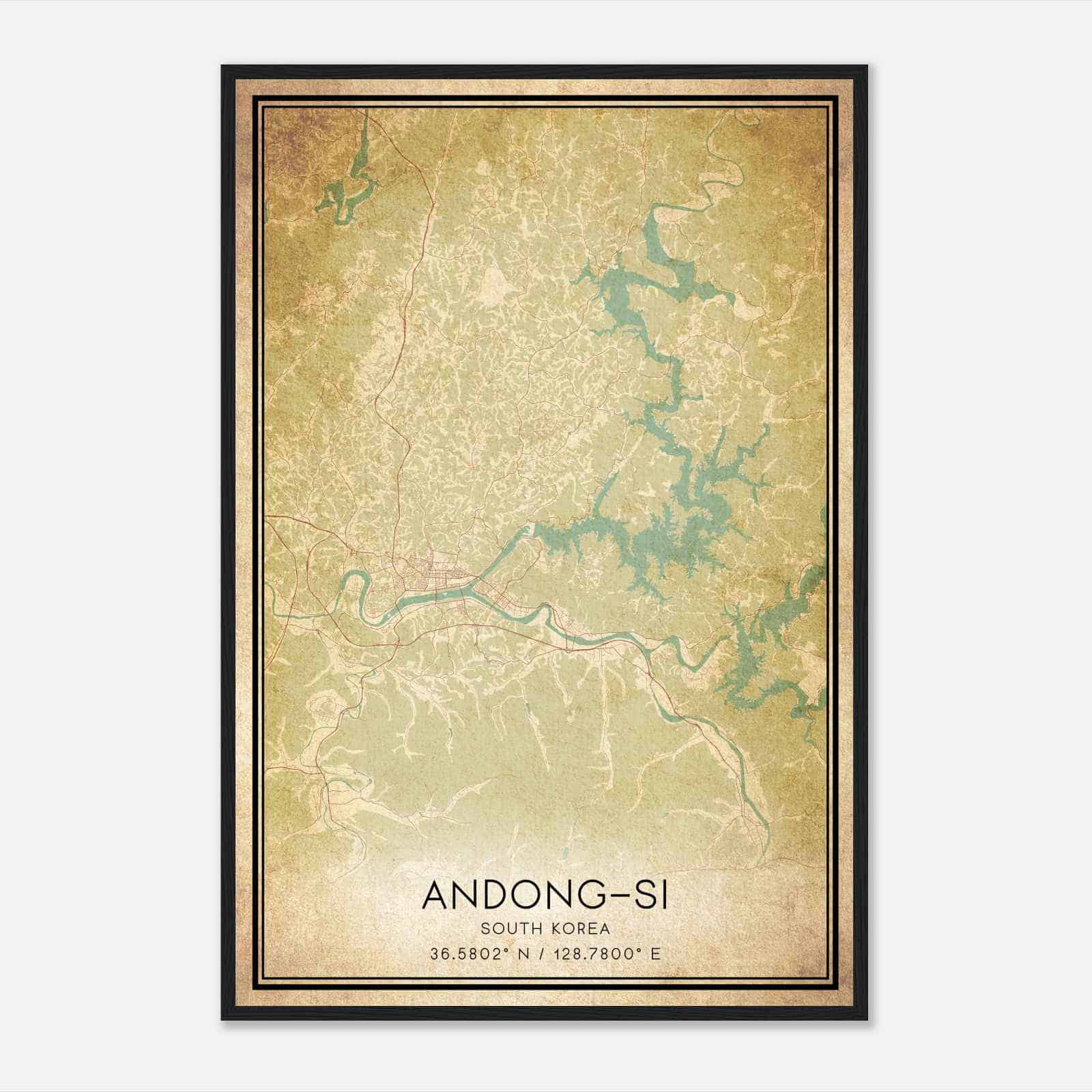 Vintage Andongsi South Korea Map Poster, Andongsi City Road Wall Art Print