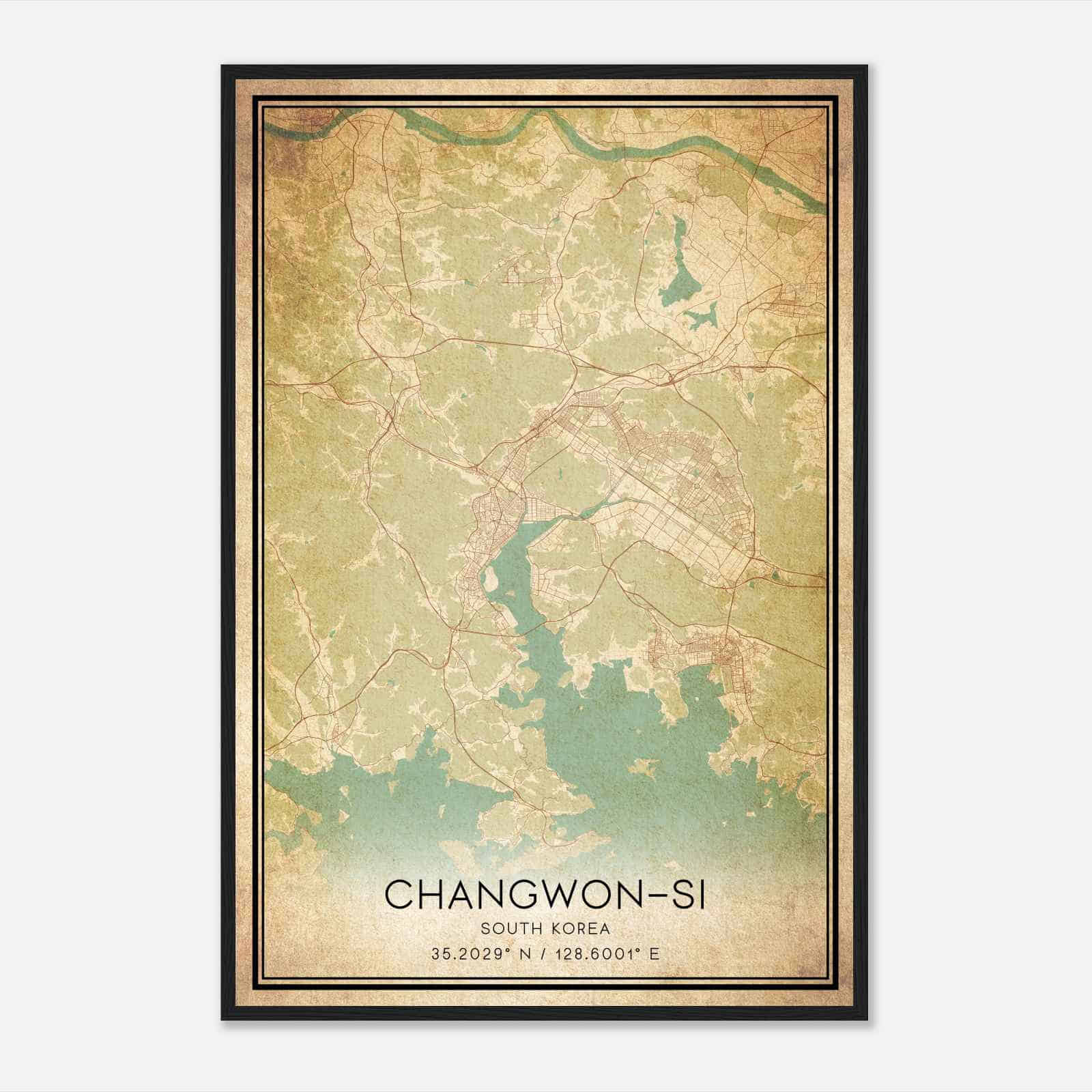 Vintage Changwonsi South Korea Map Poster, Changwonsi City Road Wall Art Print