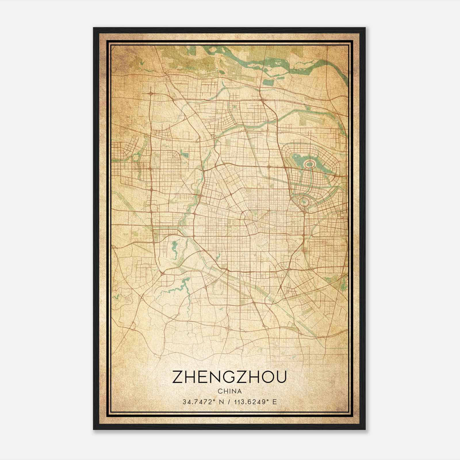 Vintage Zhengzhou China Map Poster, Zhengzhou City Road Wall Art Print