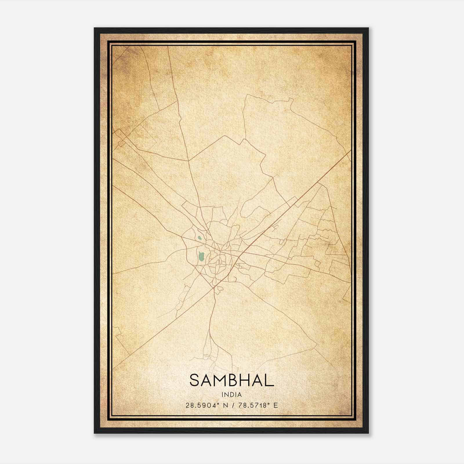 Vintage Sambhal India Map Poster, Sambhal City Road Wall Art Print