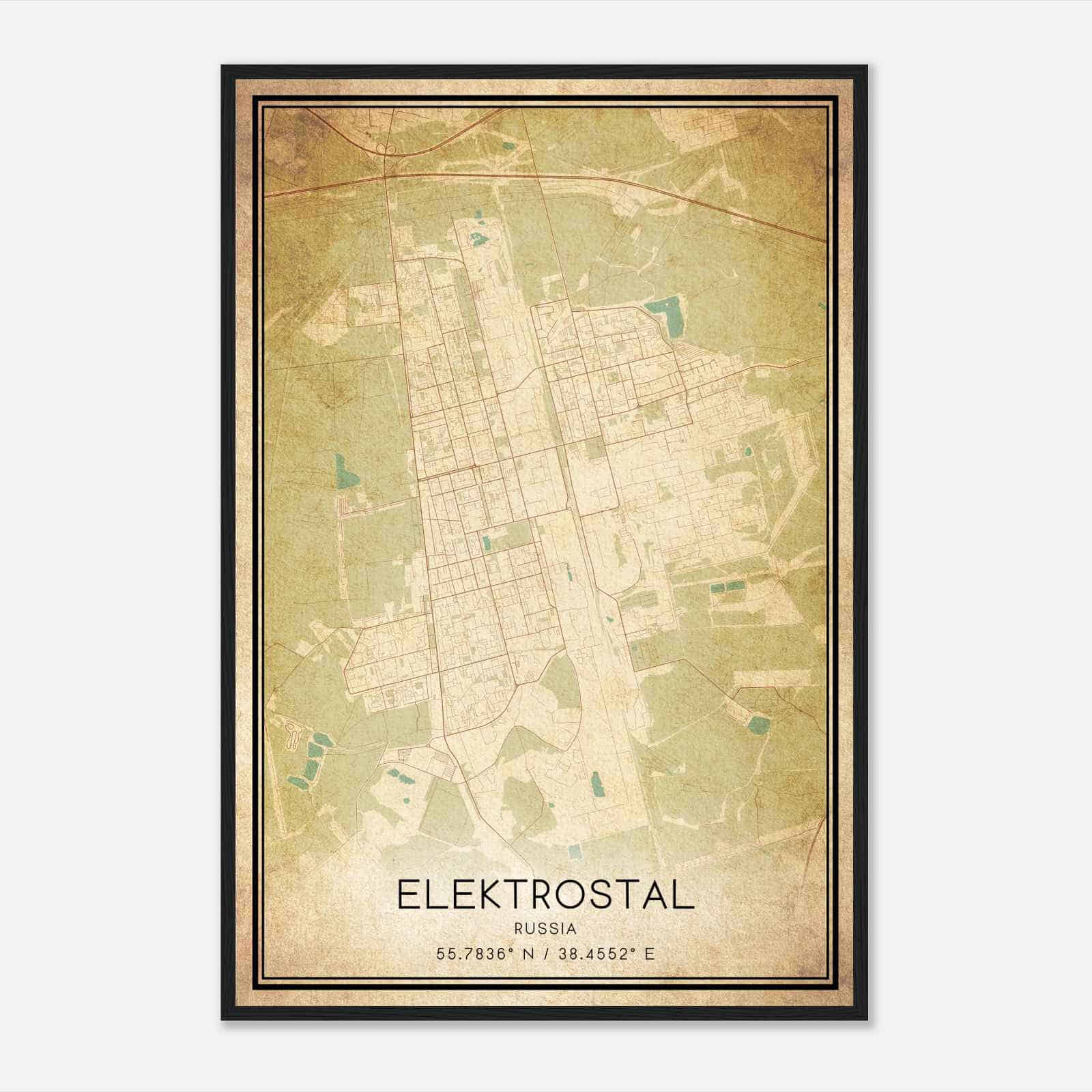 Vintage Elektrostal Russia Map Poster, Elektrostal City Road Wall Art Print