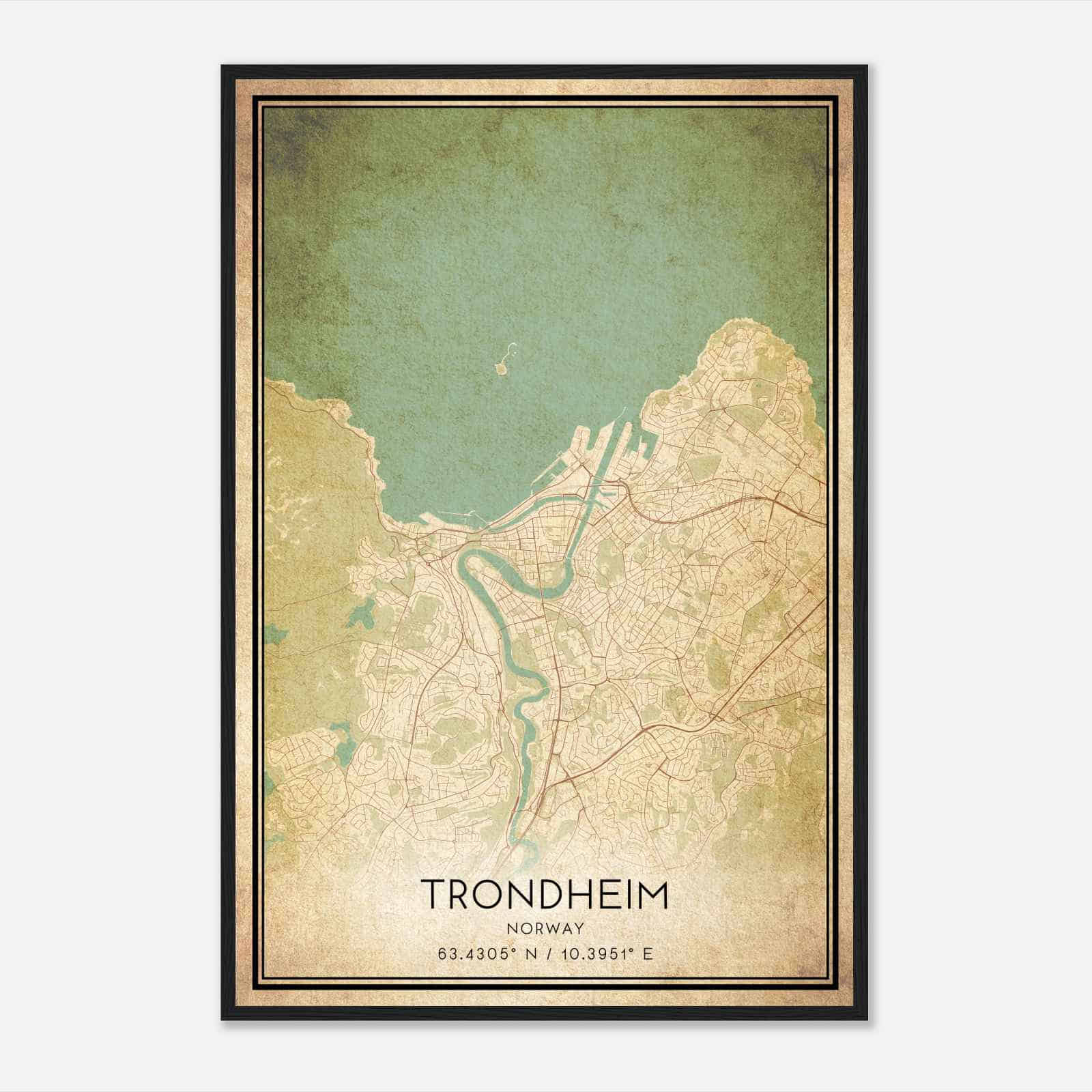 Vintage Trondheim Norway Map Poster, Trondheim City Road Wall Art Print