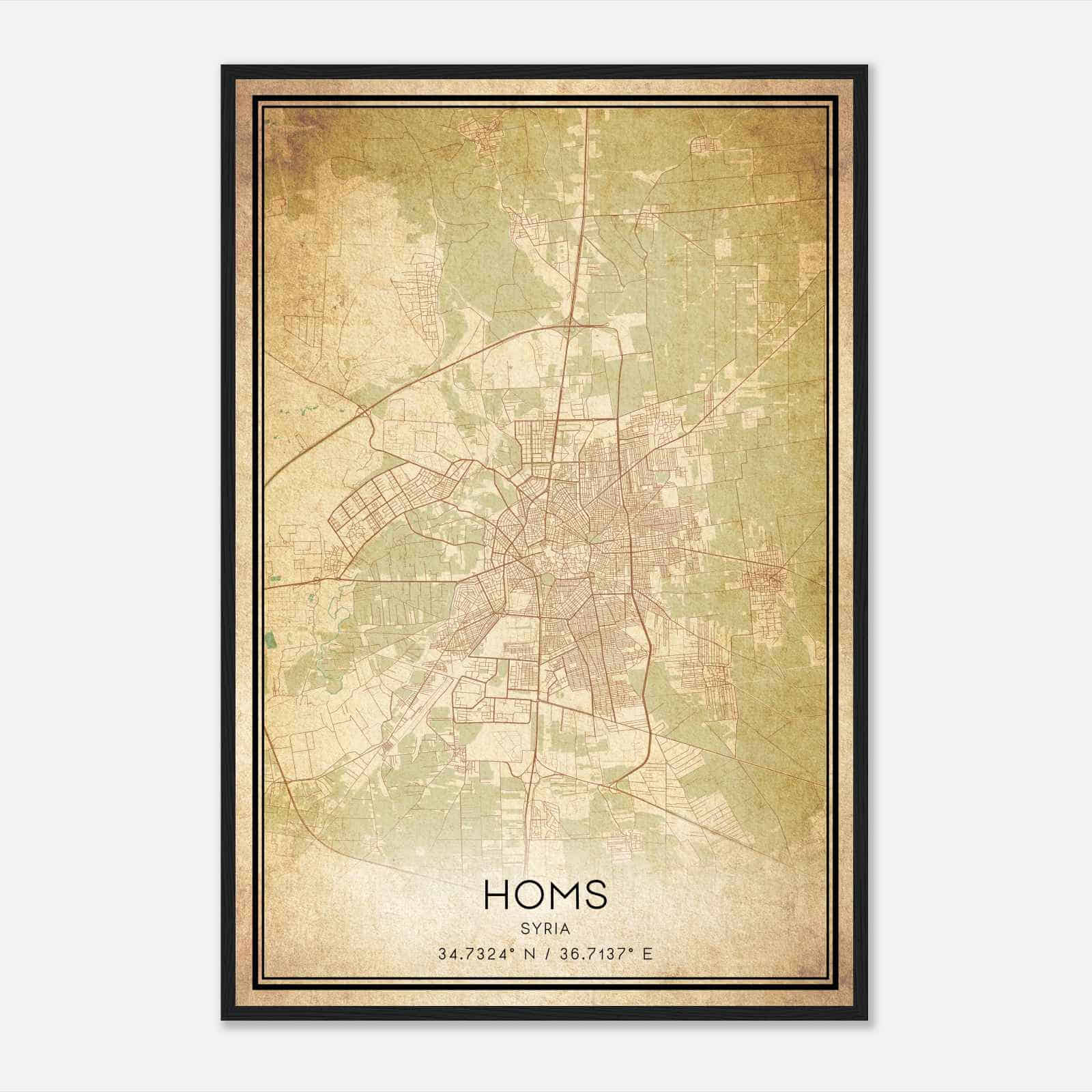 Vintage Homs Syria Map Poster, Homs City Road Wall Art Print