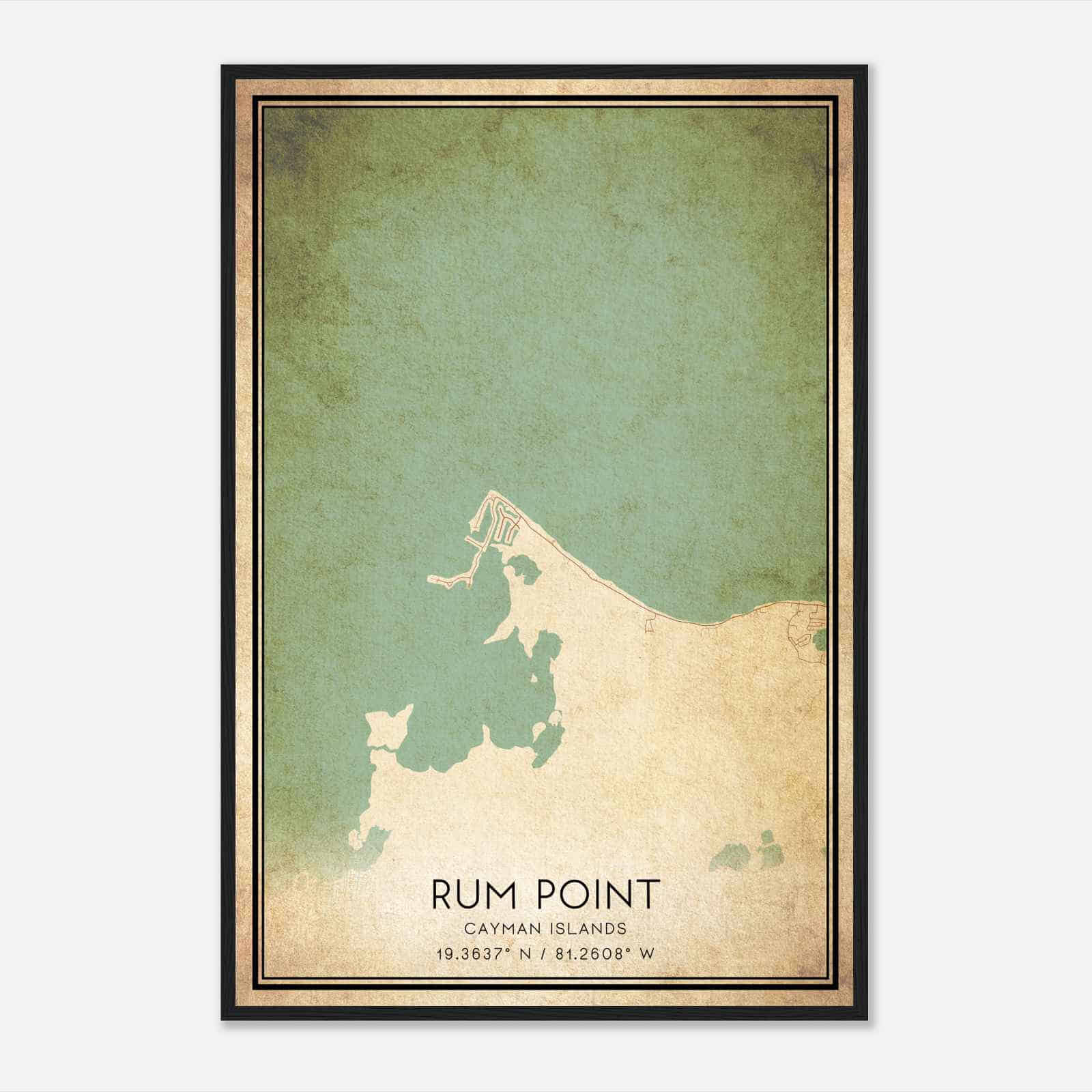 Vintage Rum Point Cayman Islands Map Poster, Rum Point City Road Wall Art Print