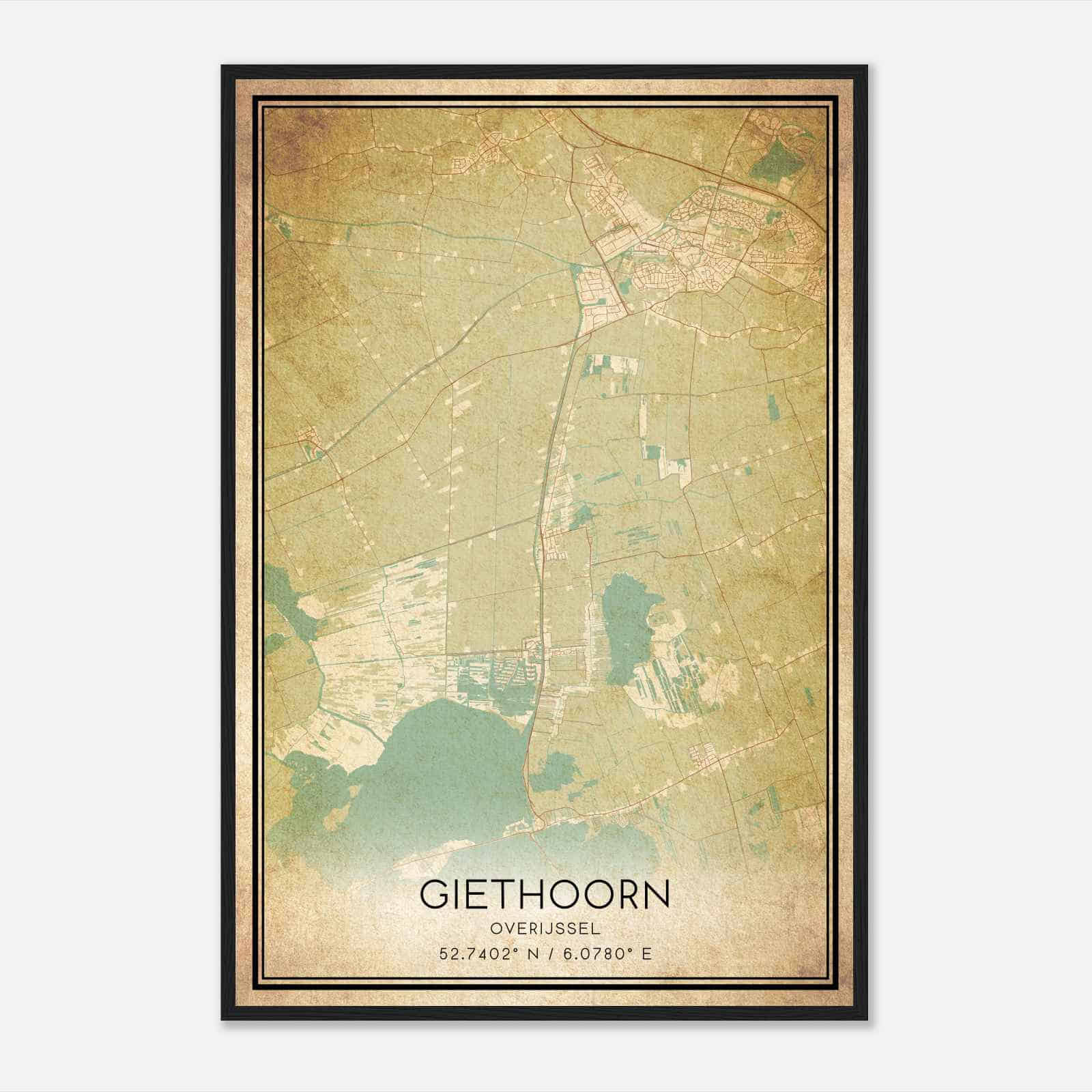 Vintage Giethoorn Overijssel Map Poster, Giethoorn City Road Wall Art Print