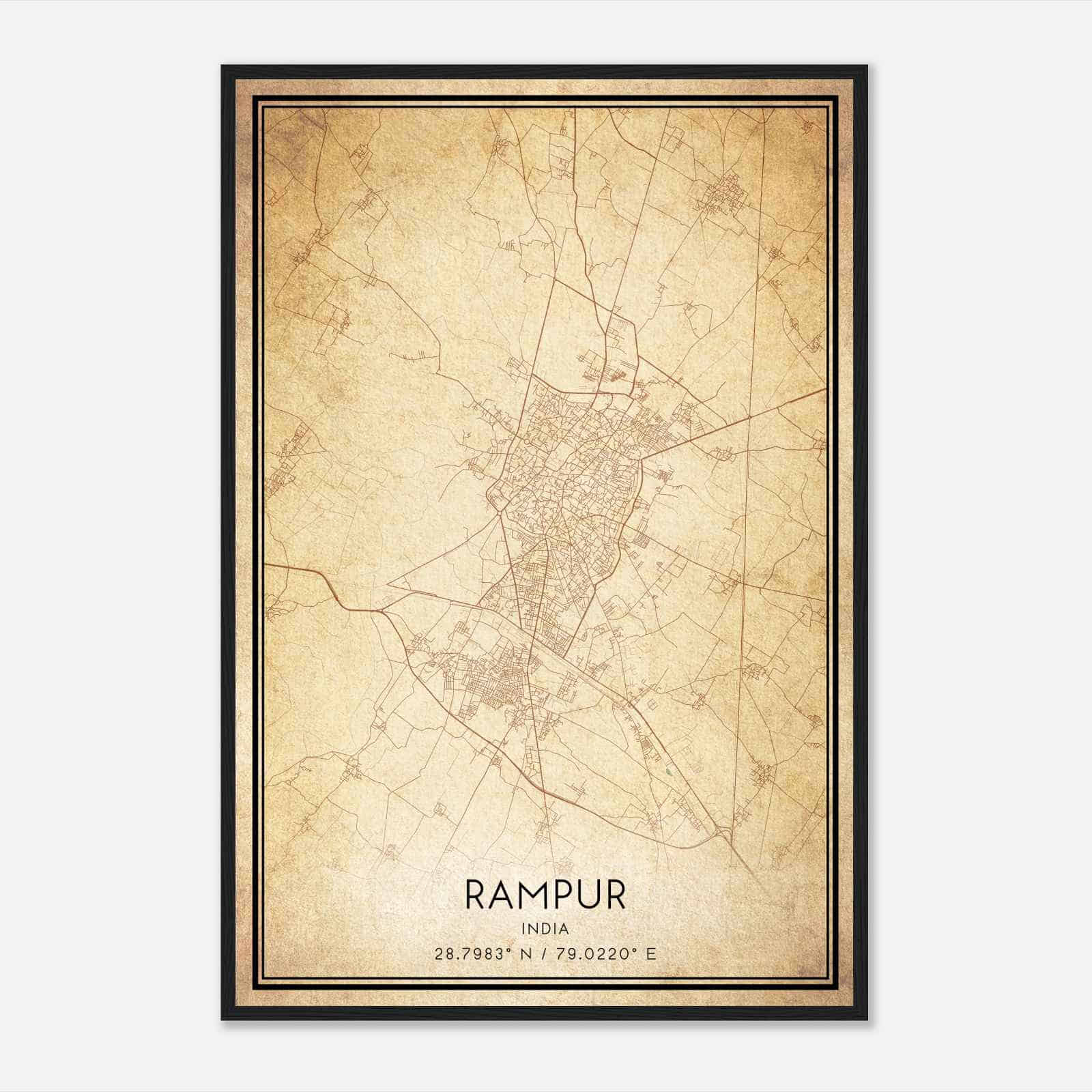 Vintage Rampur India Map Poster, Rampur City Road Wall Art Print