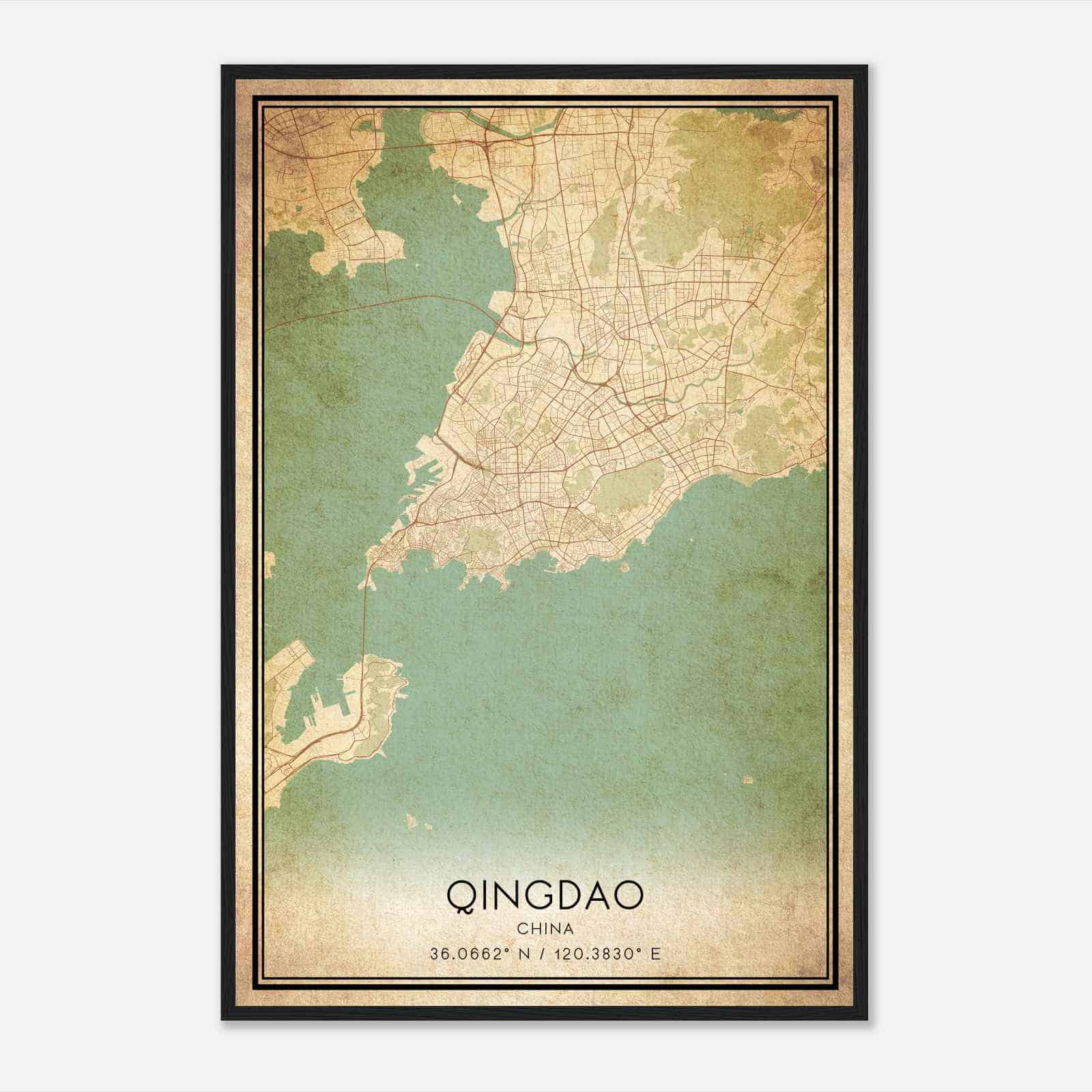 Vintage Qingdao China Map Poster, Qingdao City Road Wall Art Print