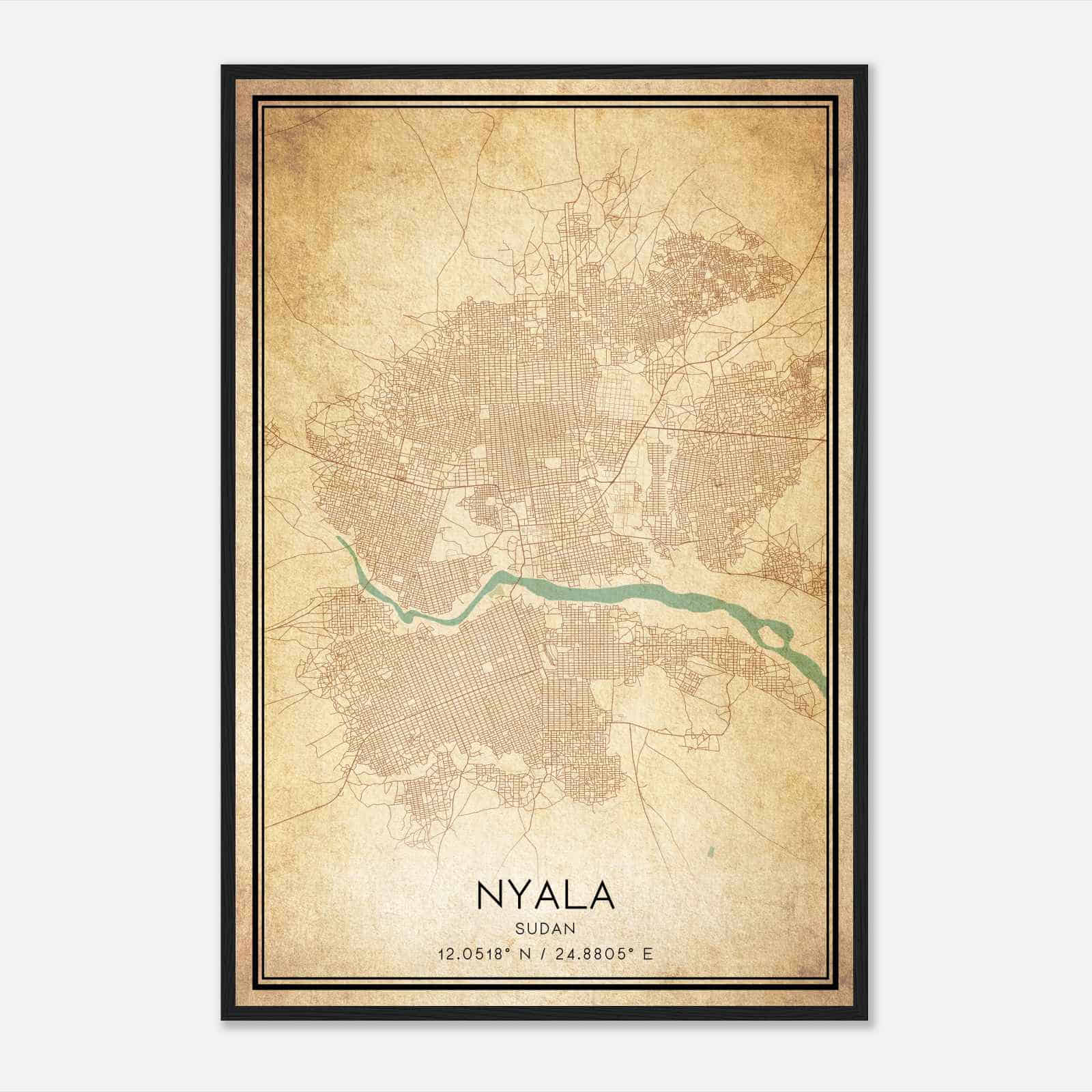 Vintage Nyala Sudan Map Poster, Nyala City Road Wall Art Print