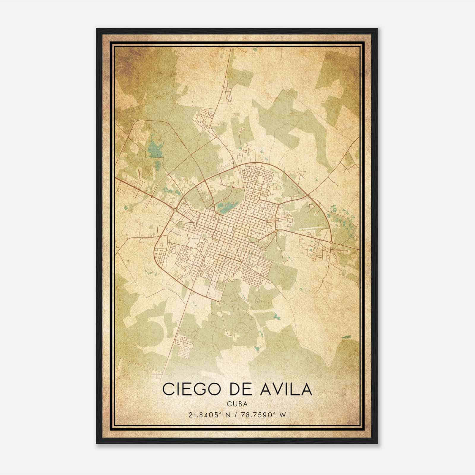Vintage Ciego De Avila Cuba Map Poster, Ciego De Avila City Road Wall Art Print