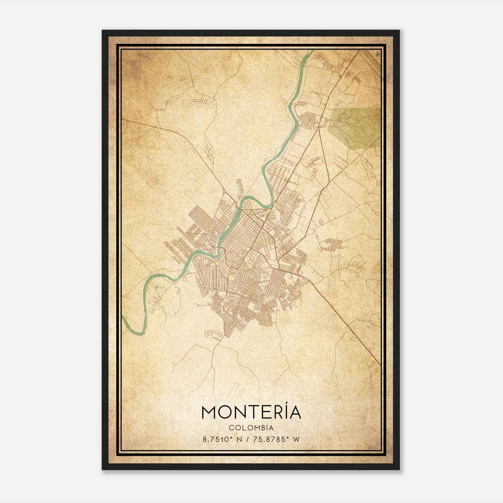 Vintage Monteria Colombia Map Poster, Monteria City Road Wall Art Print
