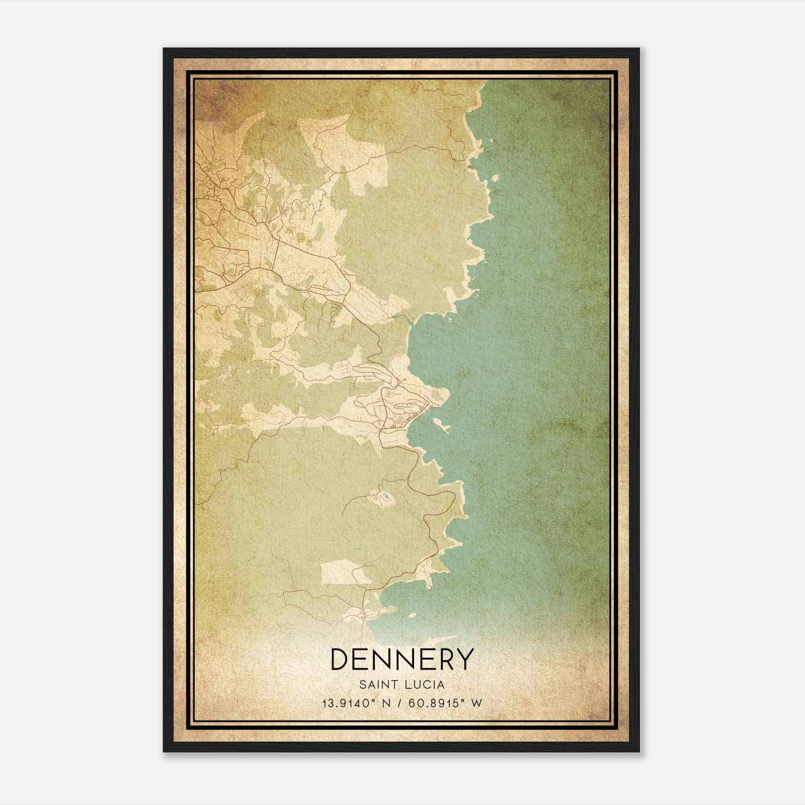 Vintage Dennery Saint Lucia Map Poster, Dennery City Road Wall Art Print