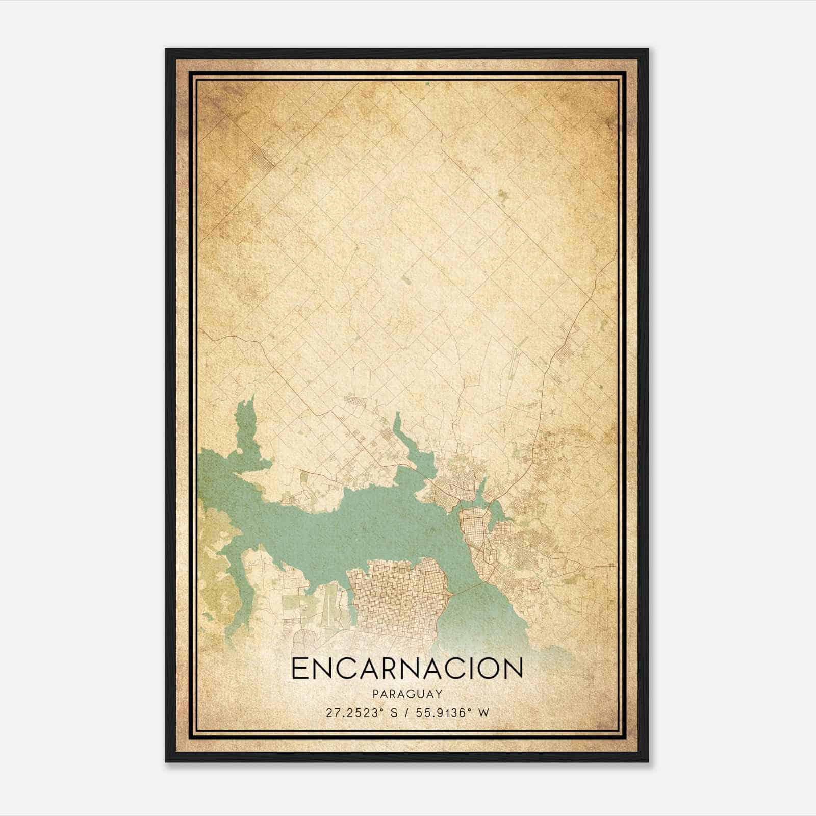 Vintage Encarnacion Paraguay Map Poster, Encarnacion City Road Wall Art Print