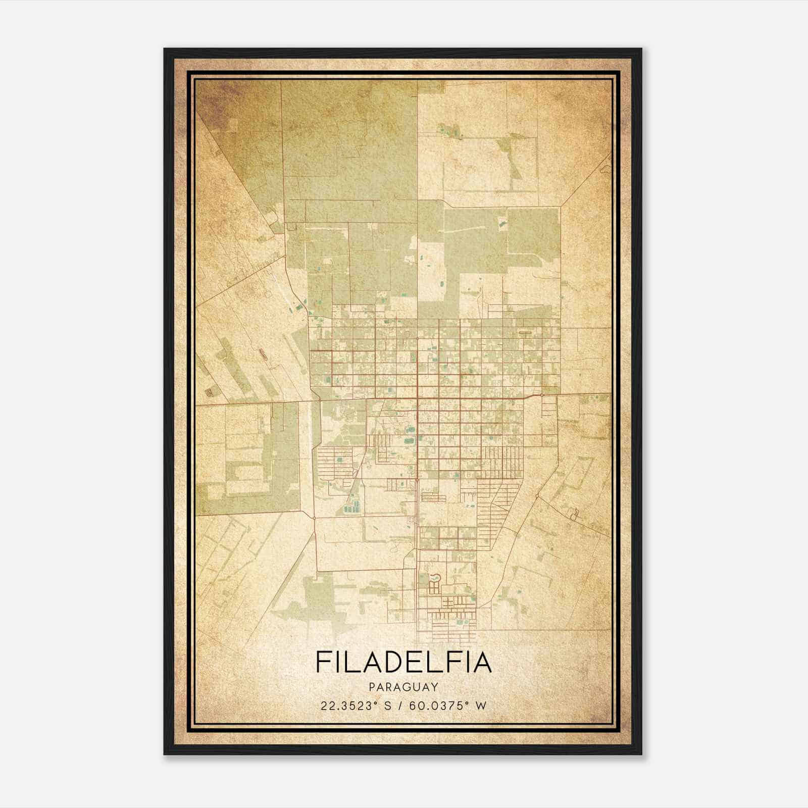 Vintage Filadelfia Paraguay Map Poster, Filadelfia City Road Wall Art Print