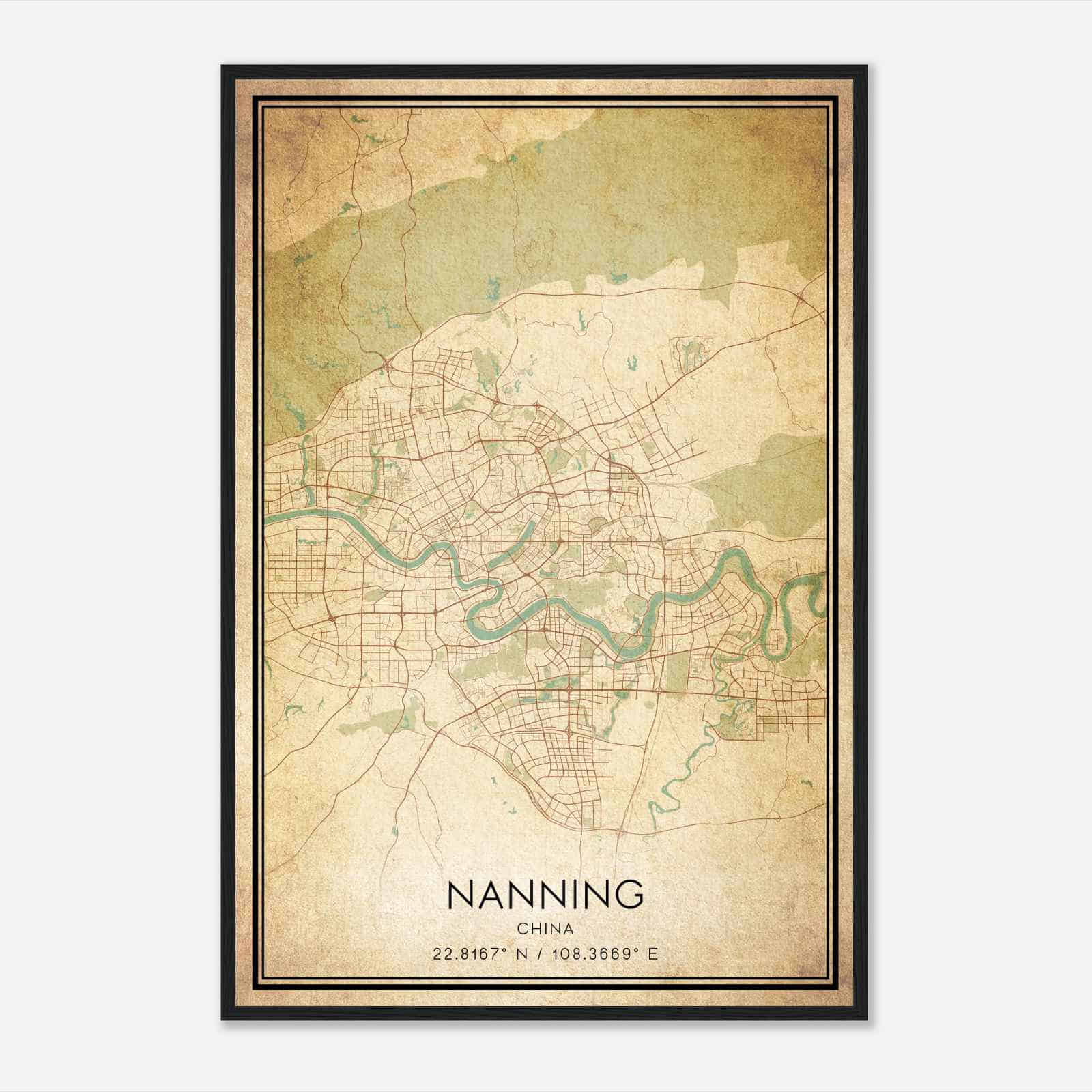Vintage Nanning China Map Poster, Nanning City Road Wall Art Print