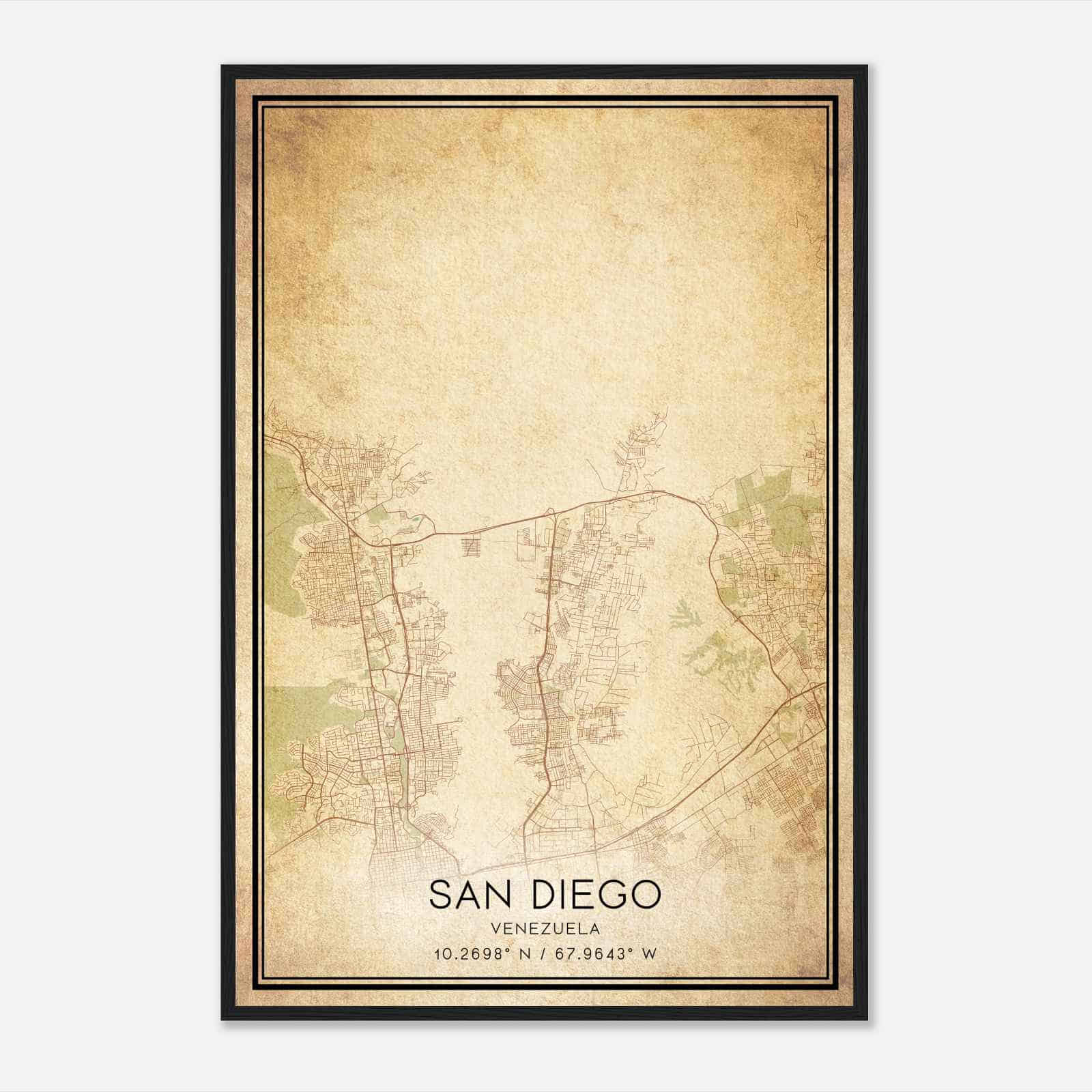 Vintage San Diego Venezuela Map Poster, San Diego City Road Wall Art Print
