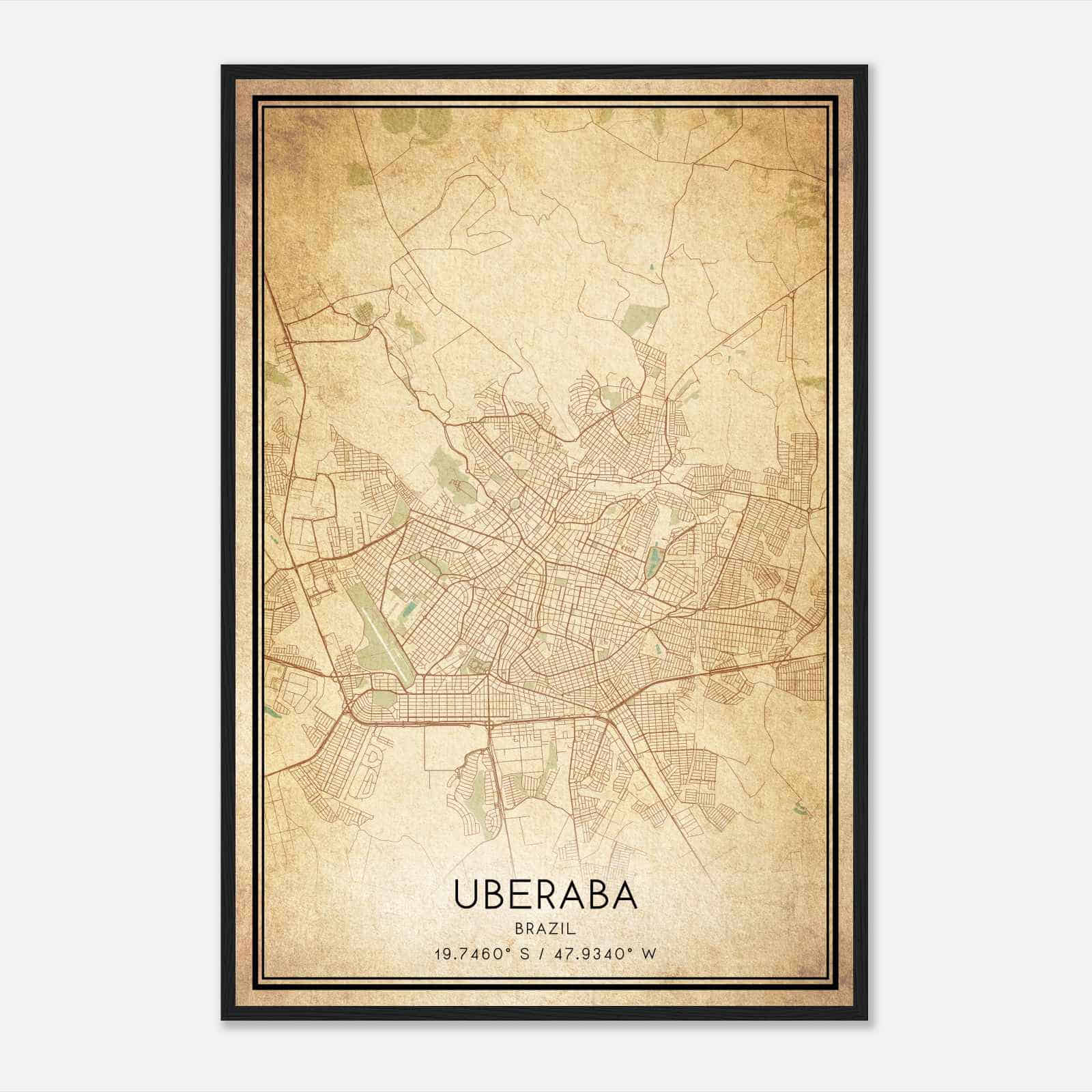 Vintage Uberaba Brazil Map Poster, Uberaba City Road Wall Art Print