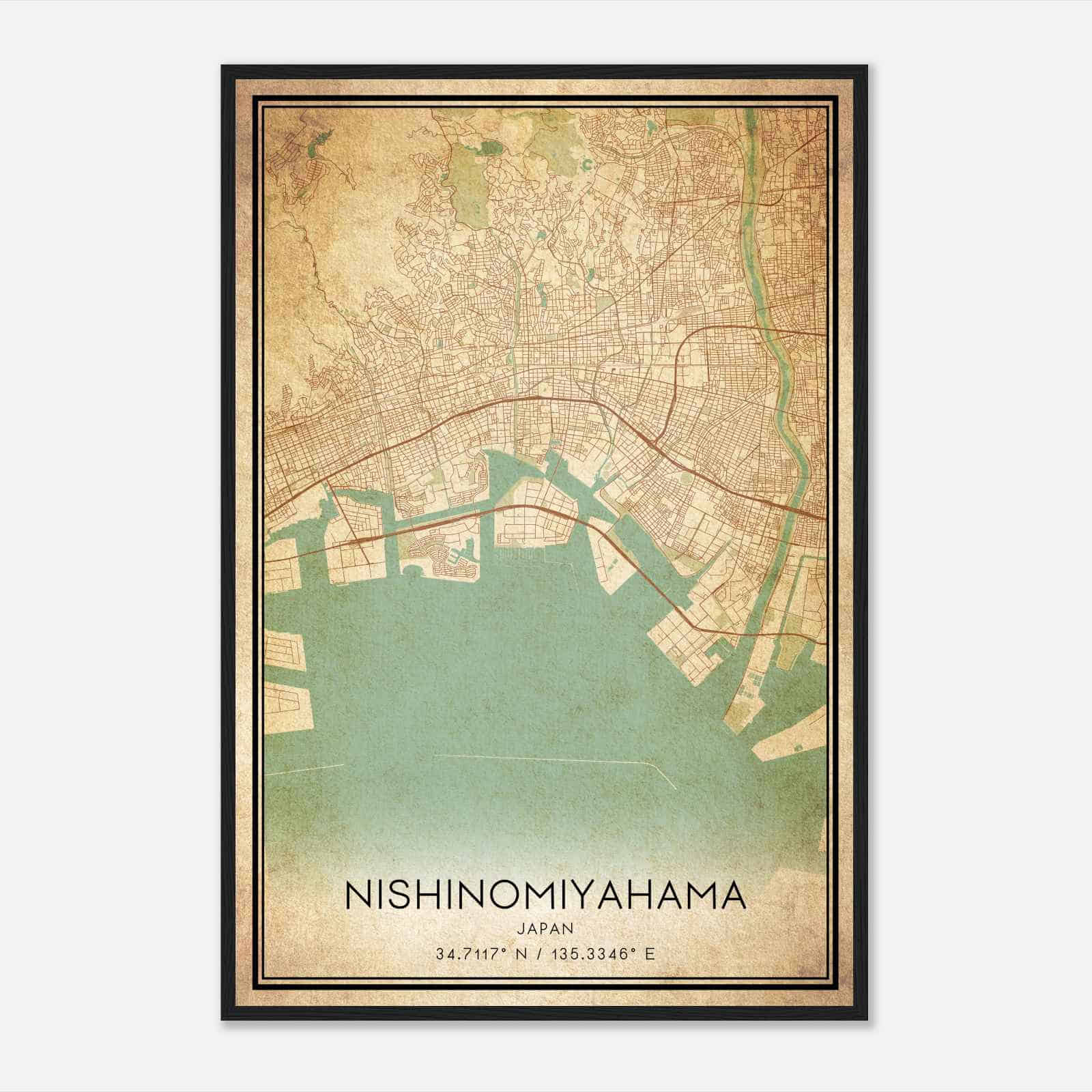 Vintage Nishinomiyahama Japan Map Poster, Nishinomiyahama City Road Wall Art Print