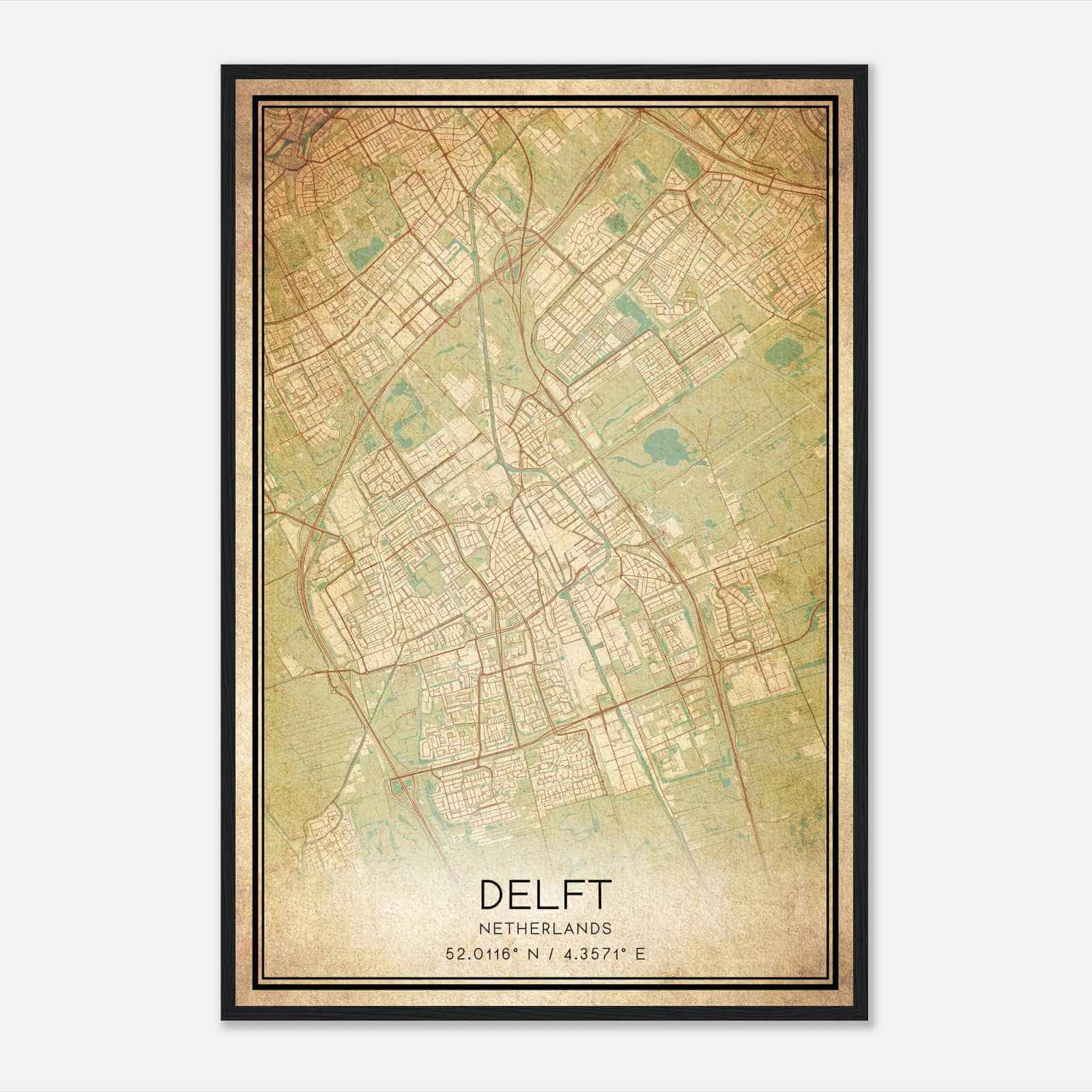 Vintage Delft Netherlands Map Poster, Delft City Road Wall Art Print