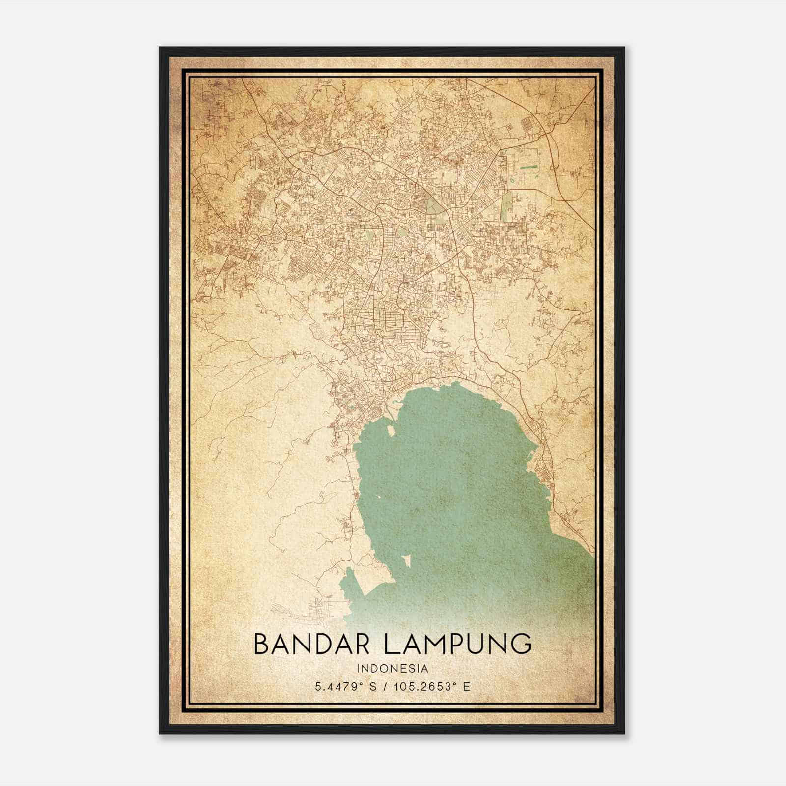 Vintage Bandar Lampung Indonesia Map Poster, Bandar Lampung City Road Wall Art Print