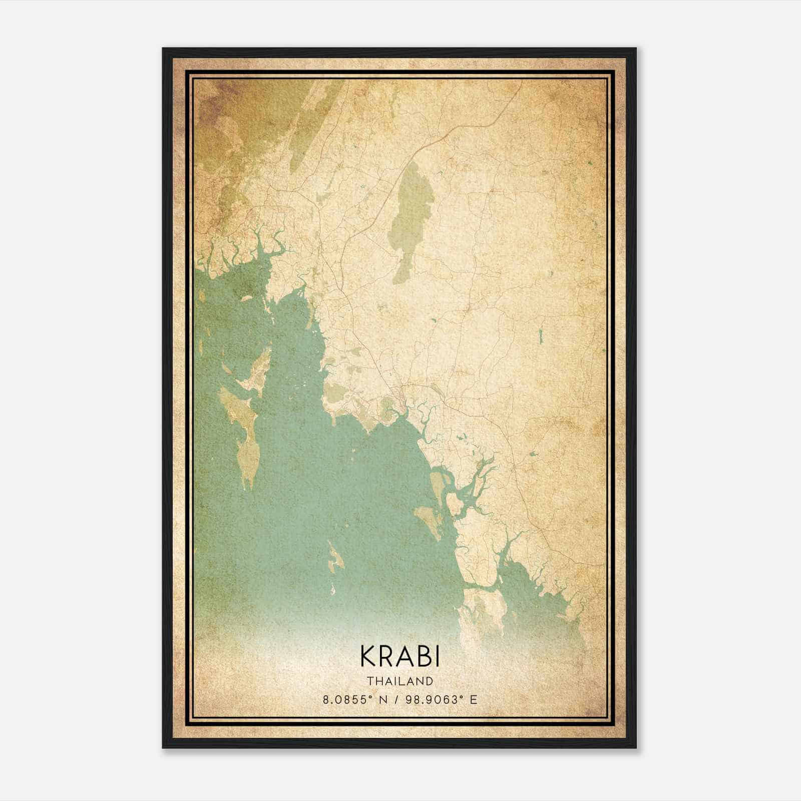 Vintage Krabi Thailand Map Poster, Krabi City Road Wall Art Print