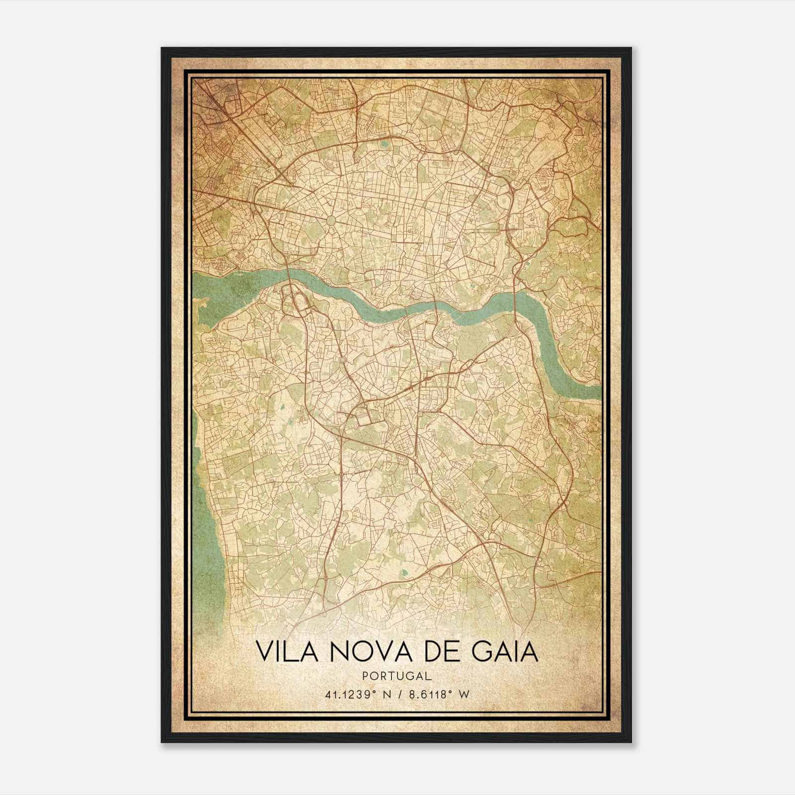 Vintage Vila Nova de Gaia Portugal Map Poster, Vila Nova de Gaia City Road Wall Art Print