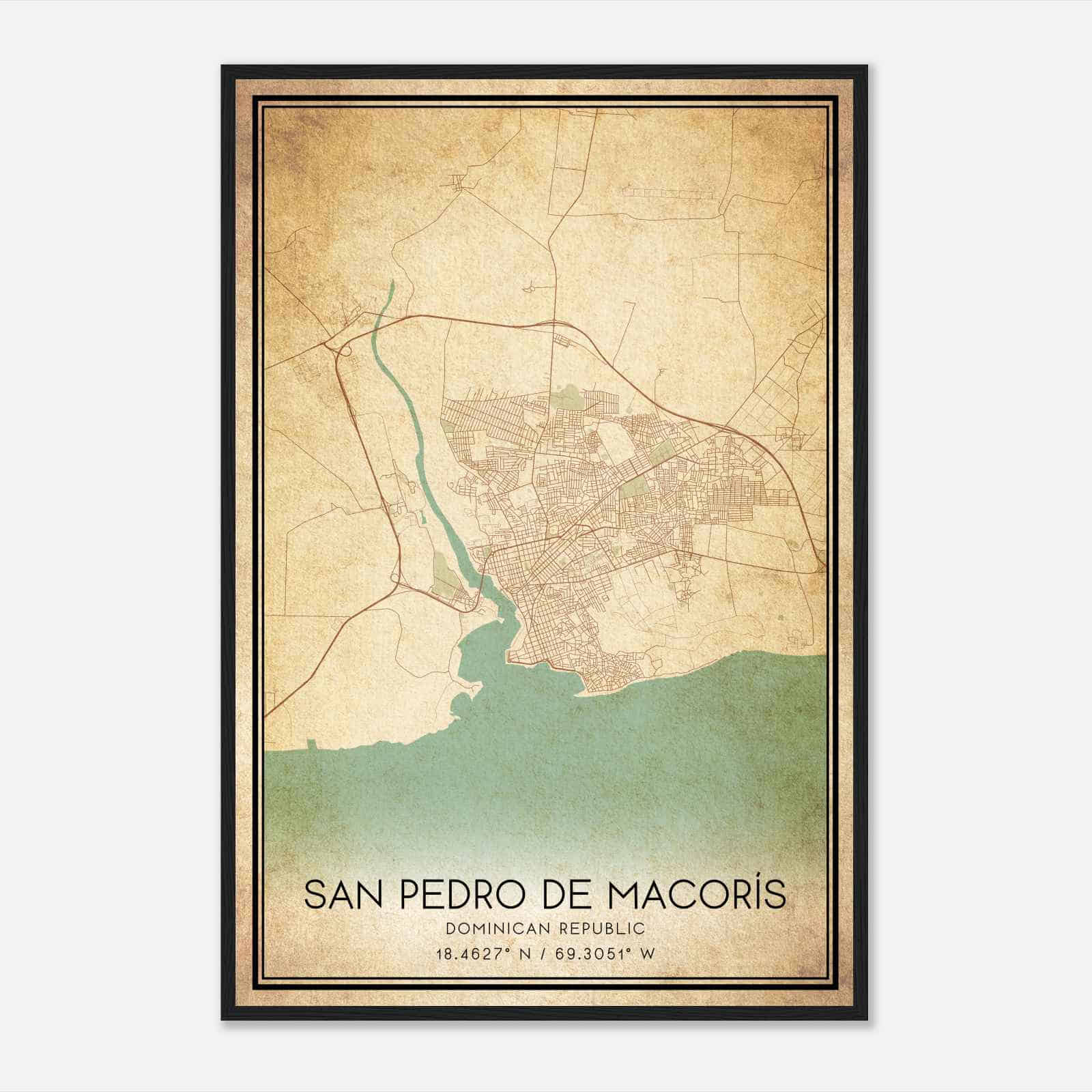 Vintage San Pedro de Macoris Dominican Republic Map Poster, San Pedro de Macoris City Road Wall Art Print