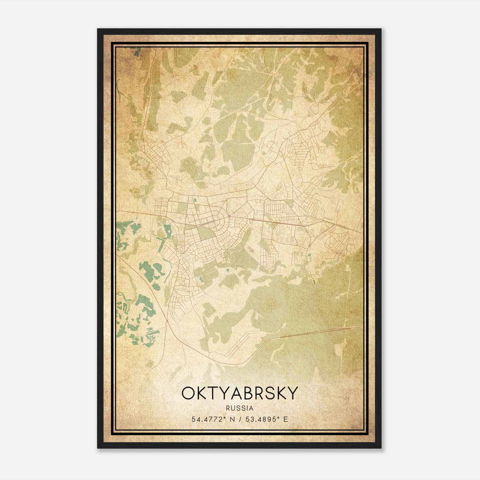 Vintage Oktyabrsky Russia Map Poster, Oktyabrsky City Road Wall Art Print