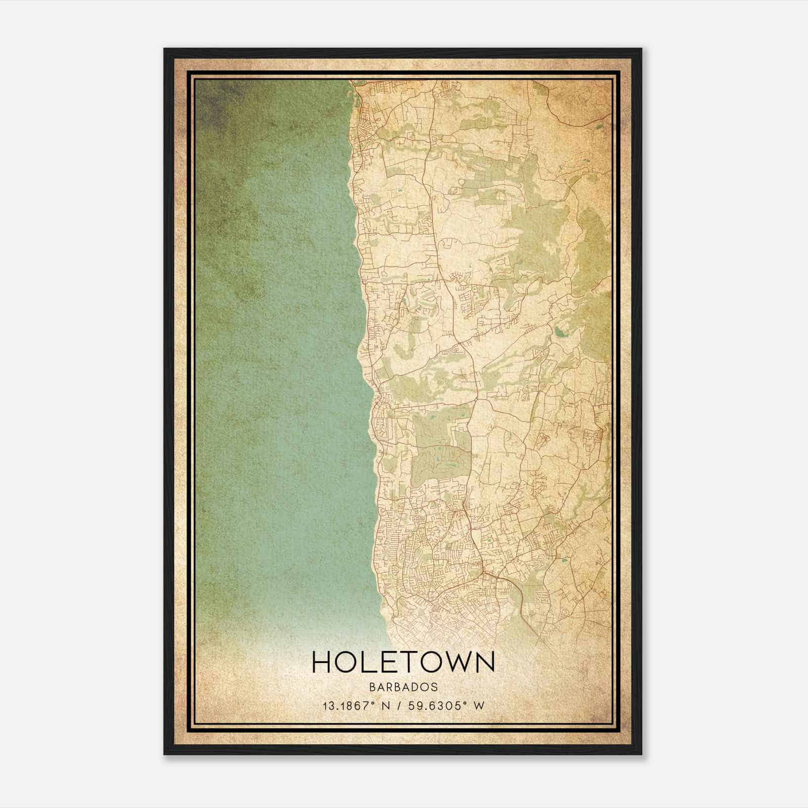 Vintage Holetown Barbados Map Poster, Holetown City Road Wall Art Print