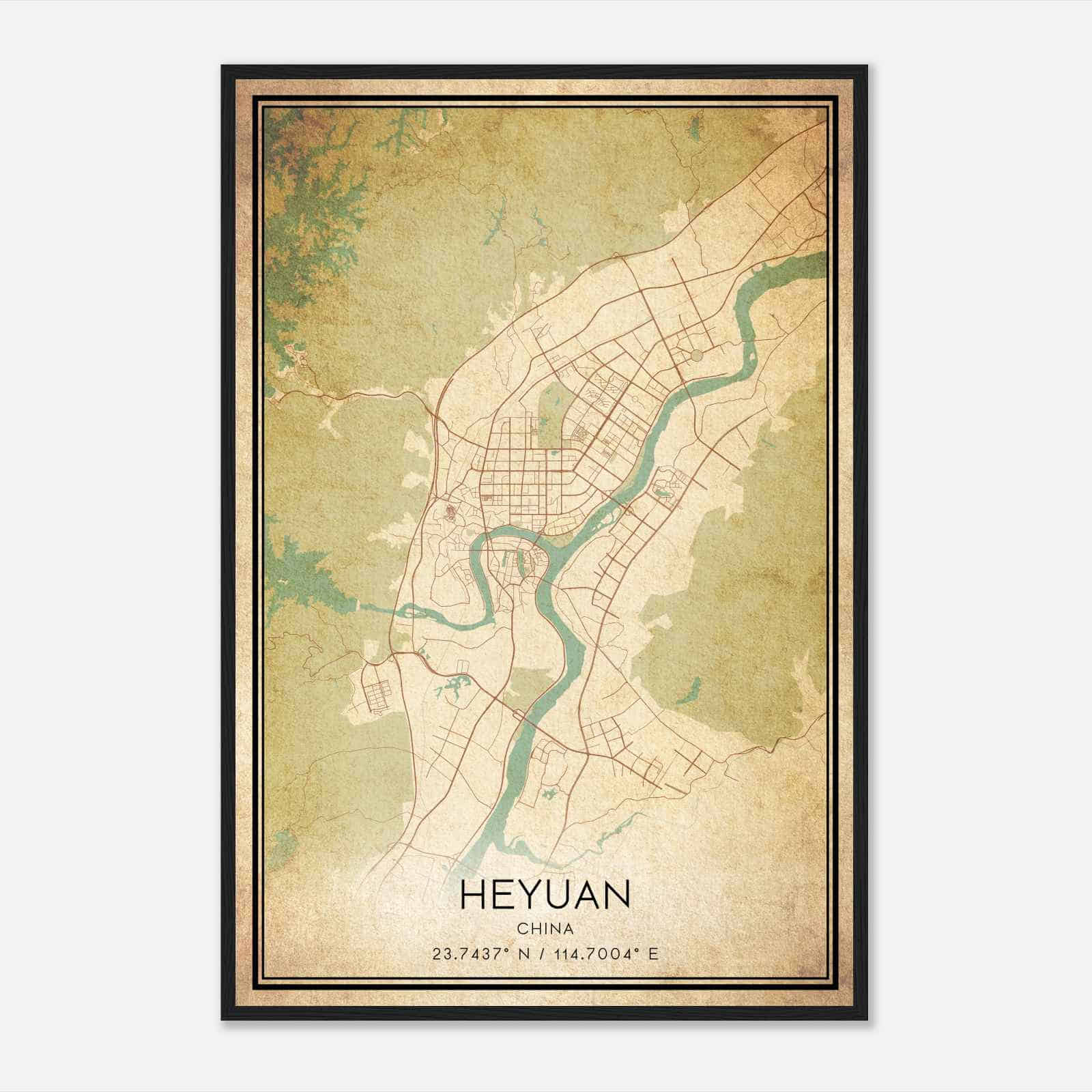 Vintage Heyuan China Map Poster, Heyuan City Road Wall Art Print