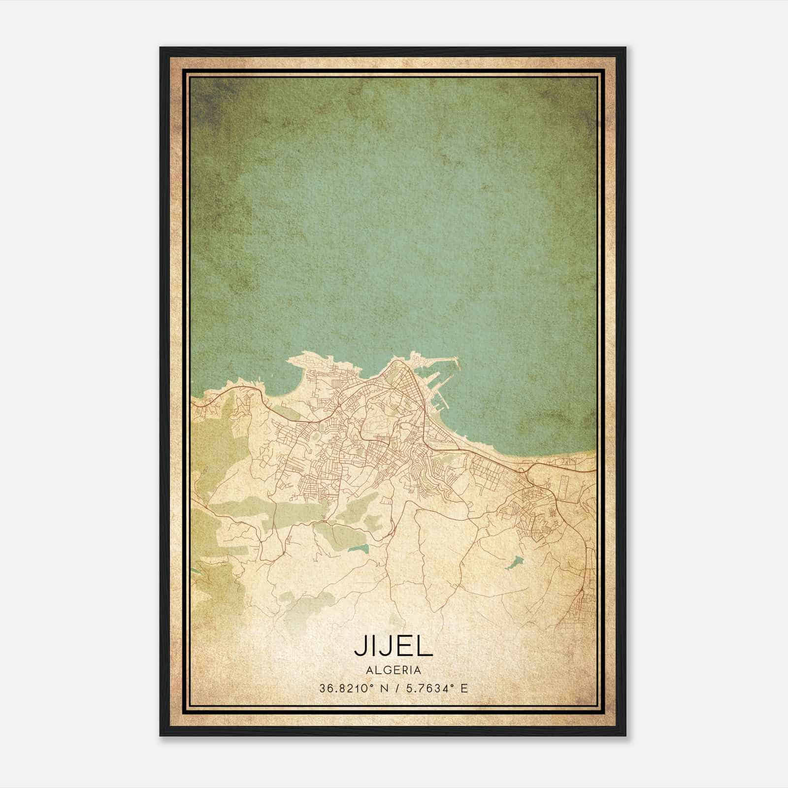Vintage Jijel Algeria Map Poster, Jijel City Road Wall Art Print