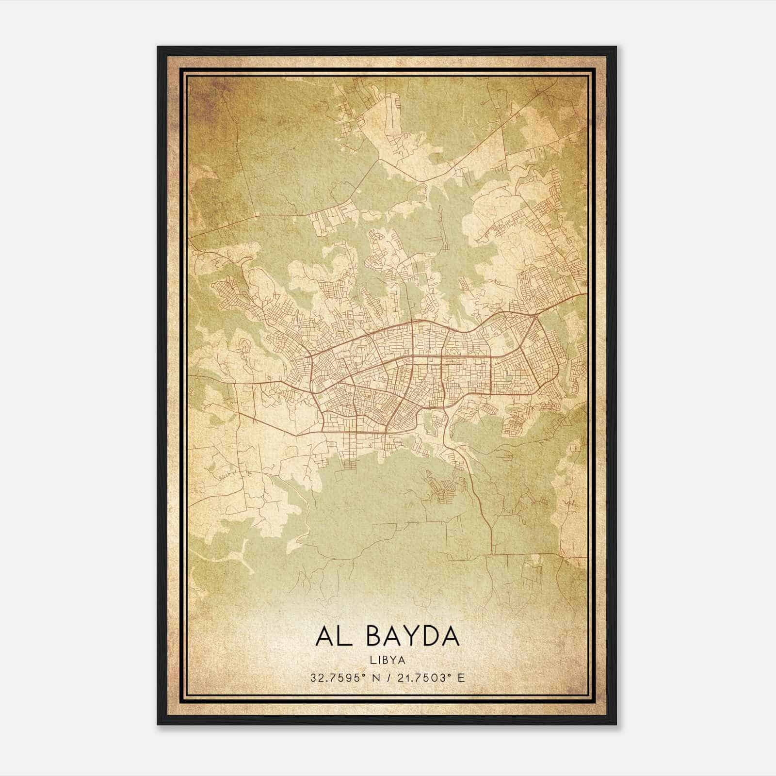 Vintage Al Bayda Libya Map Poster, Al Bayda City Road Wall Art Print