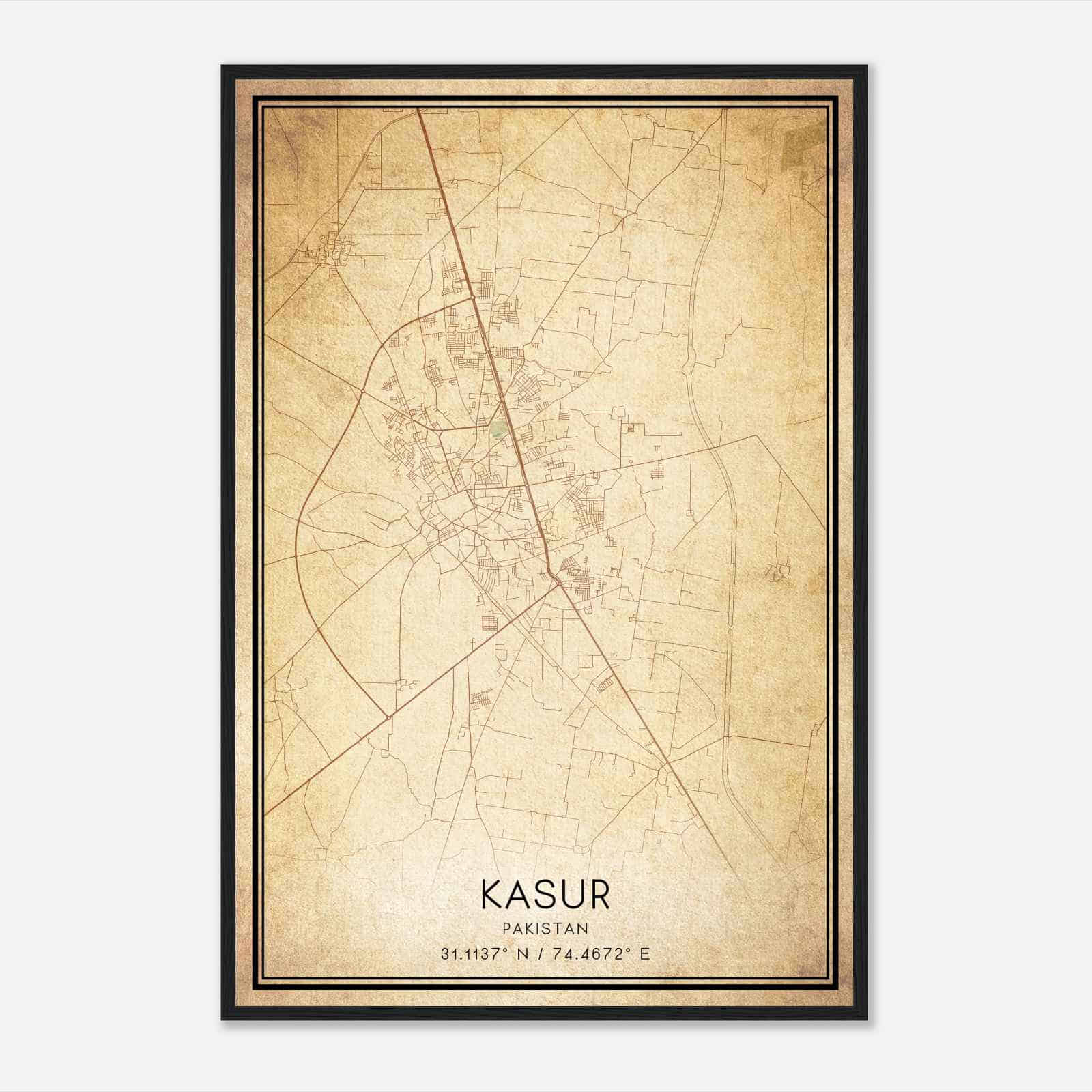 Vintage Kasur Pakistan Map Poster, Kasur City Road Wall Art Print