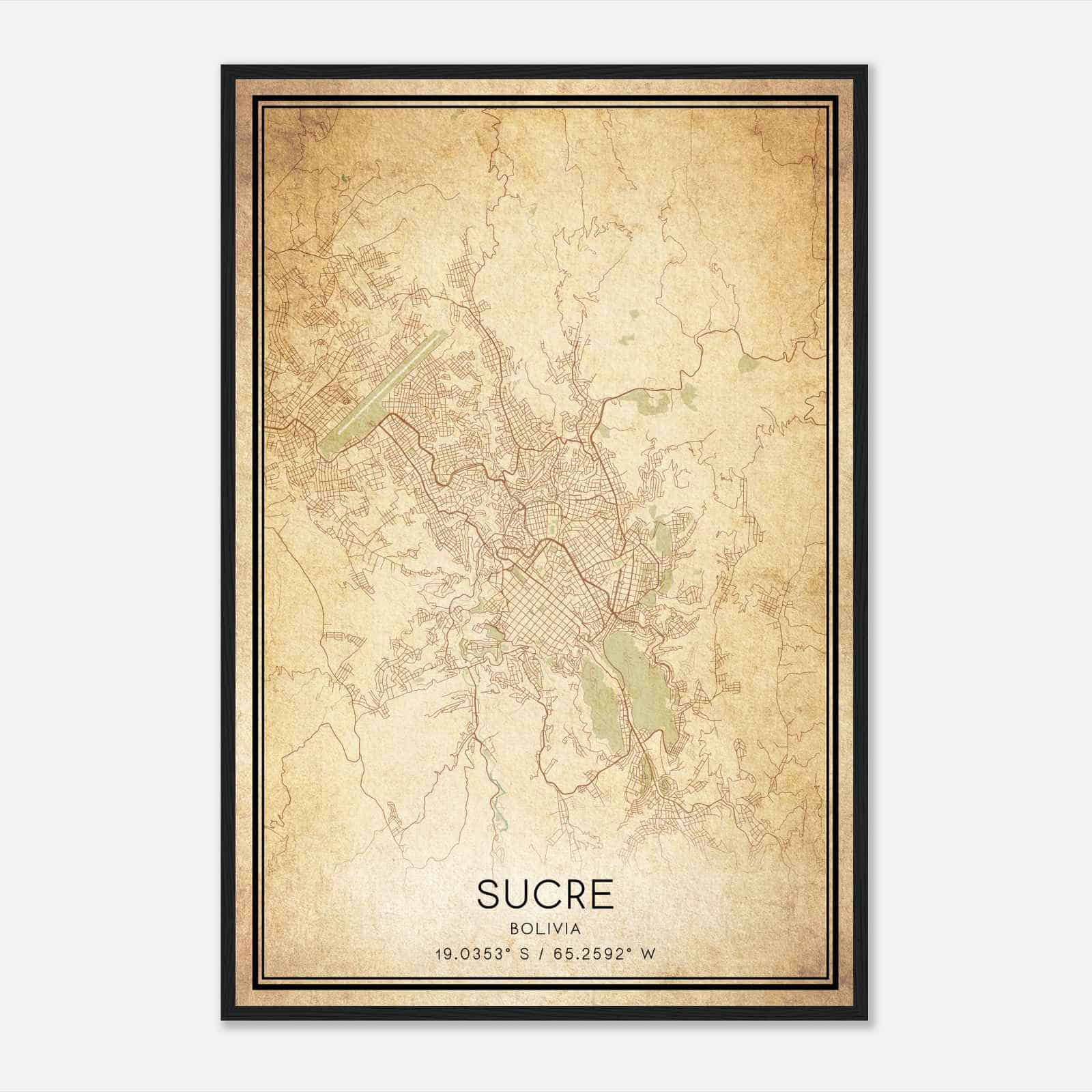 Vintage Sucre Bolivia Map Poster, Sucre City Road Wall Art Print