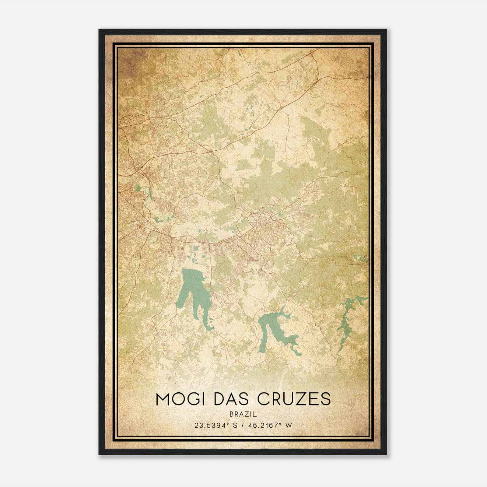 Vintage Mogi das Cruzes Brazil Map Poster, Mogi das Cruzes City Road Wall Art Print