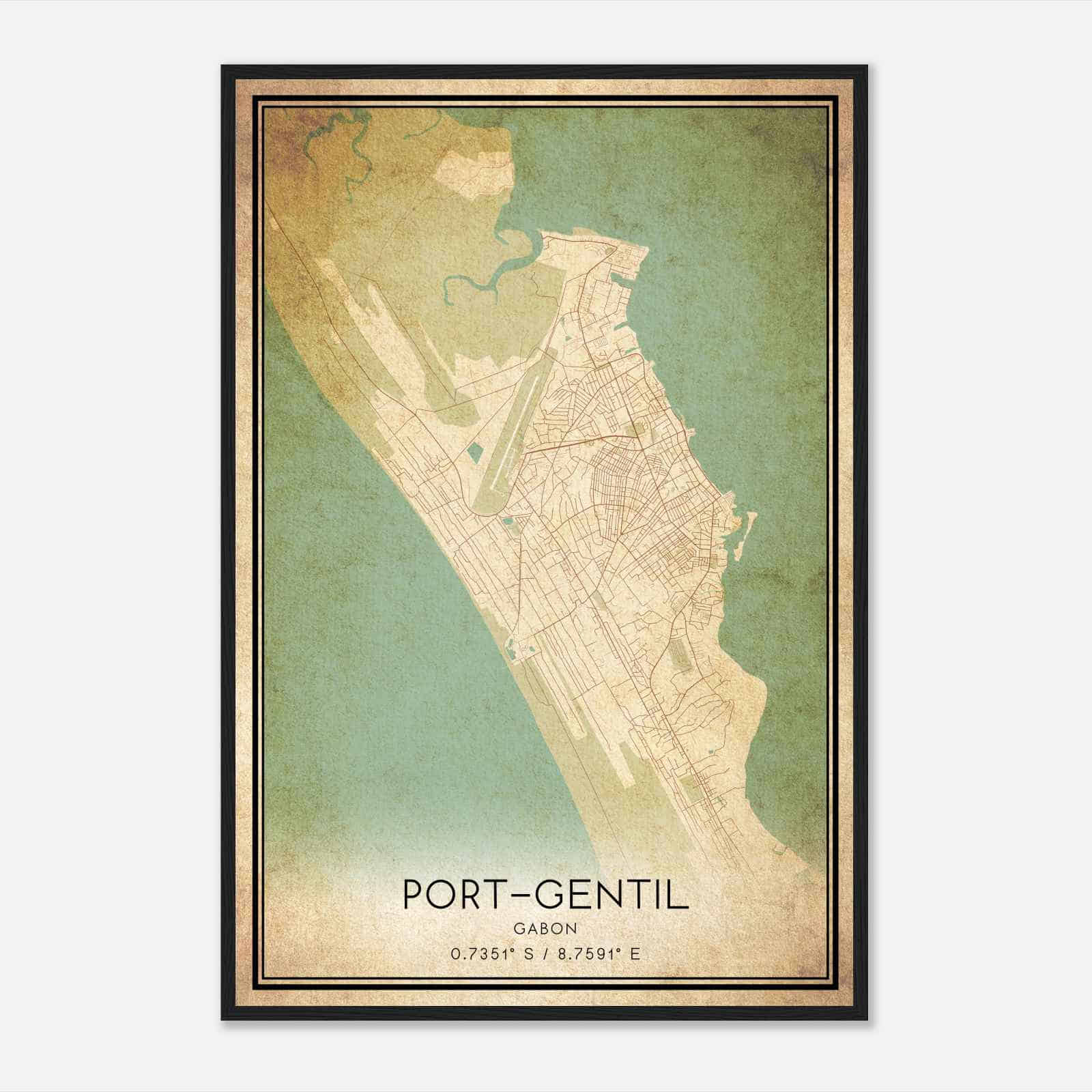 Vintage PortGentil Gabon Map Poster, PortGentil City Road Wall Art Print