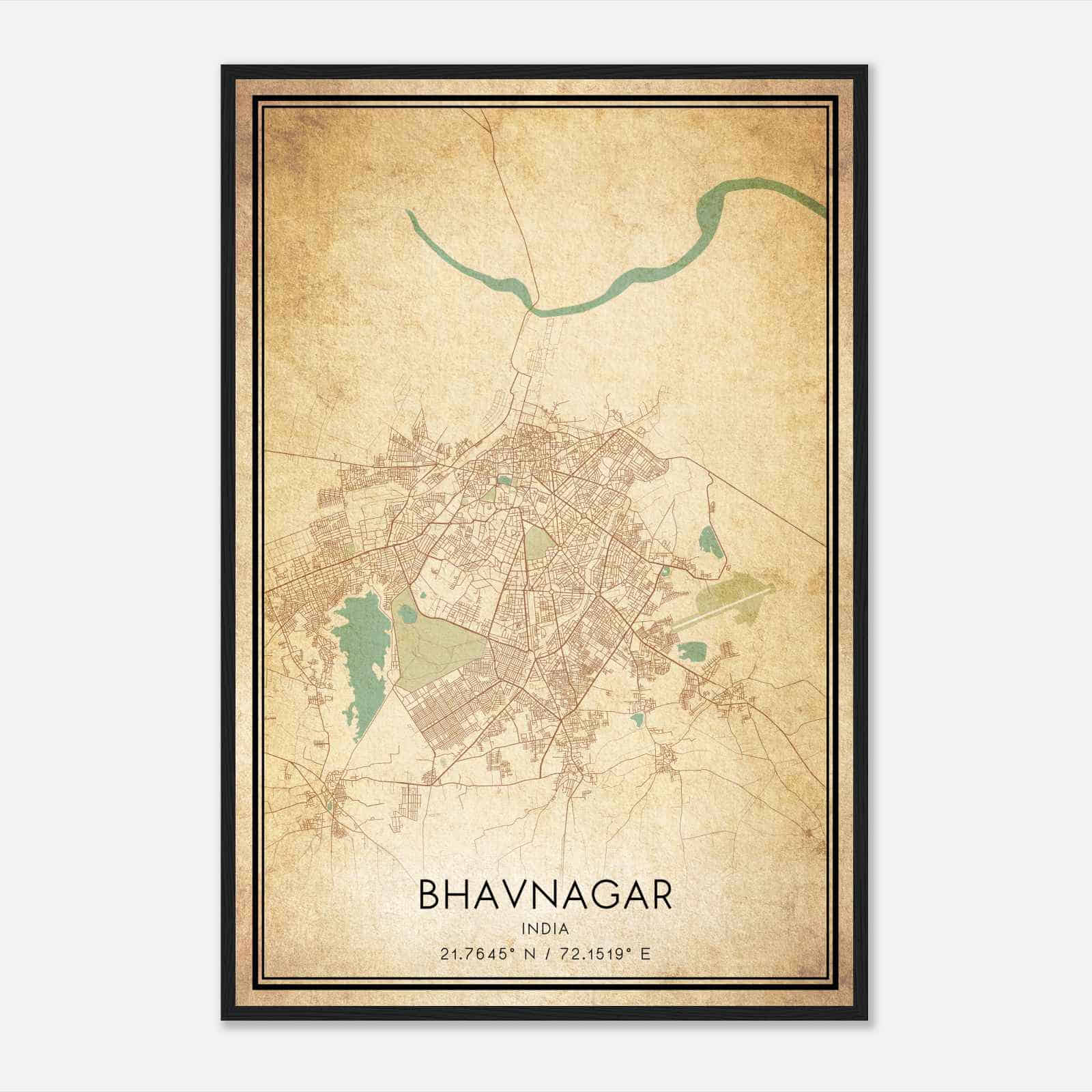 Vintage Bhavnagar India Map Poster, Bhavnagar City Road Wall Art Print