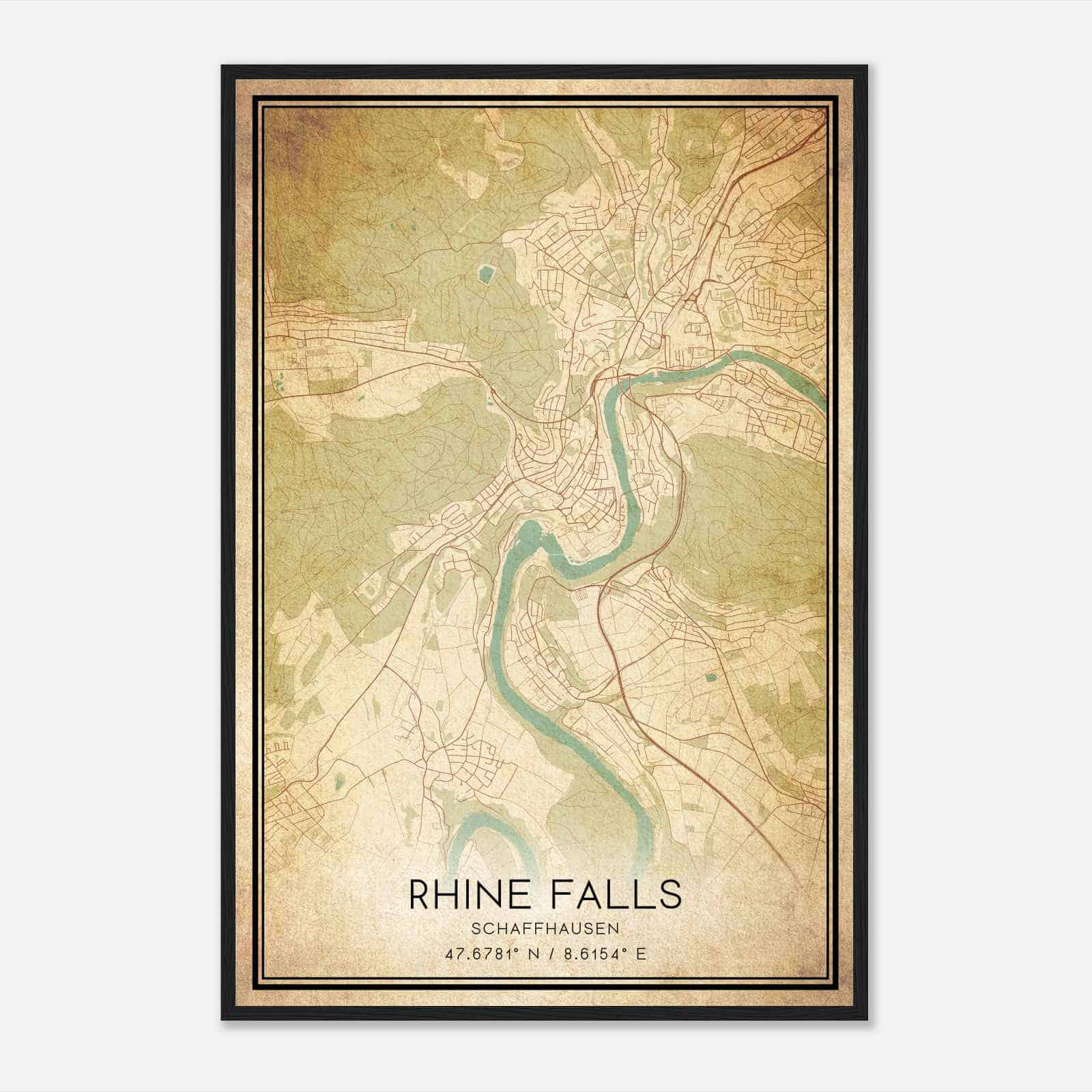 Vintage Rhine Falls Schaffhausen Map Poster, Rhine Falls City Road Wall Art Print