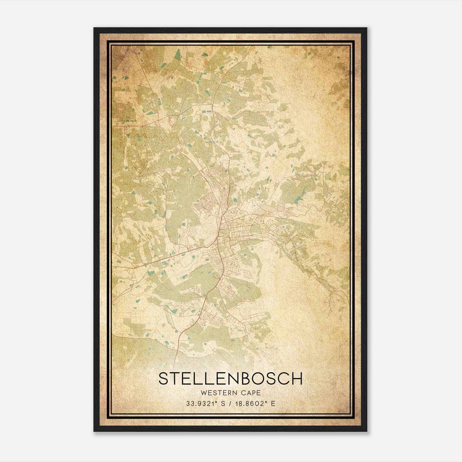 Vintage Stellenbosch Western Cape Map Poster, Stellenbosch City Road Wall Art Print
