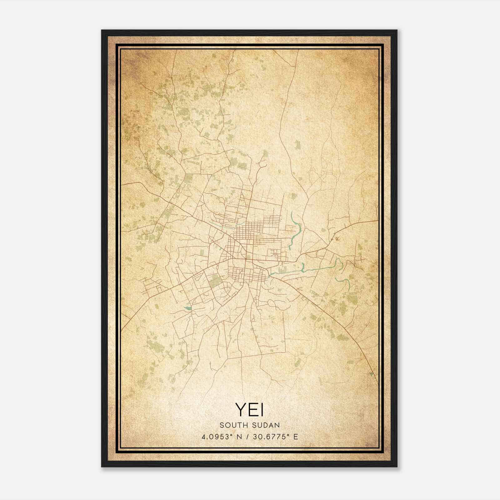 Vintage Yei South Sudan Map Poster, Yei City Road Wall Art Print