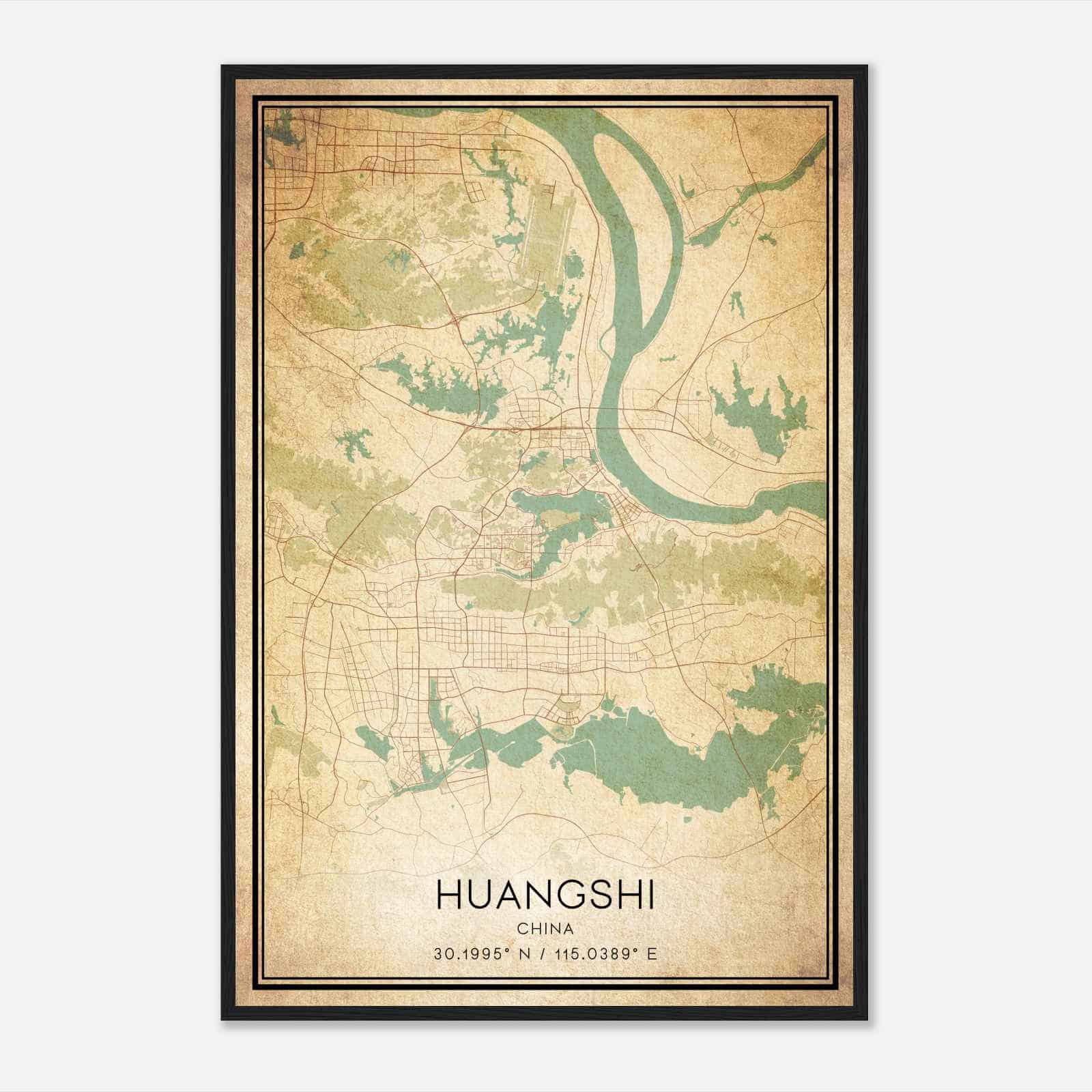 Vintage Huangshi China Map Poster, Huangshi City Road Wall Art Print