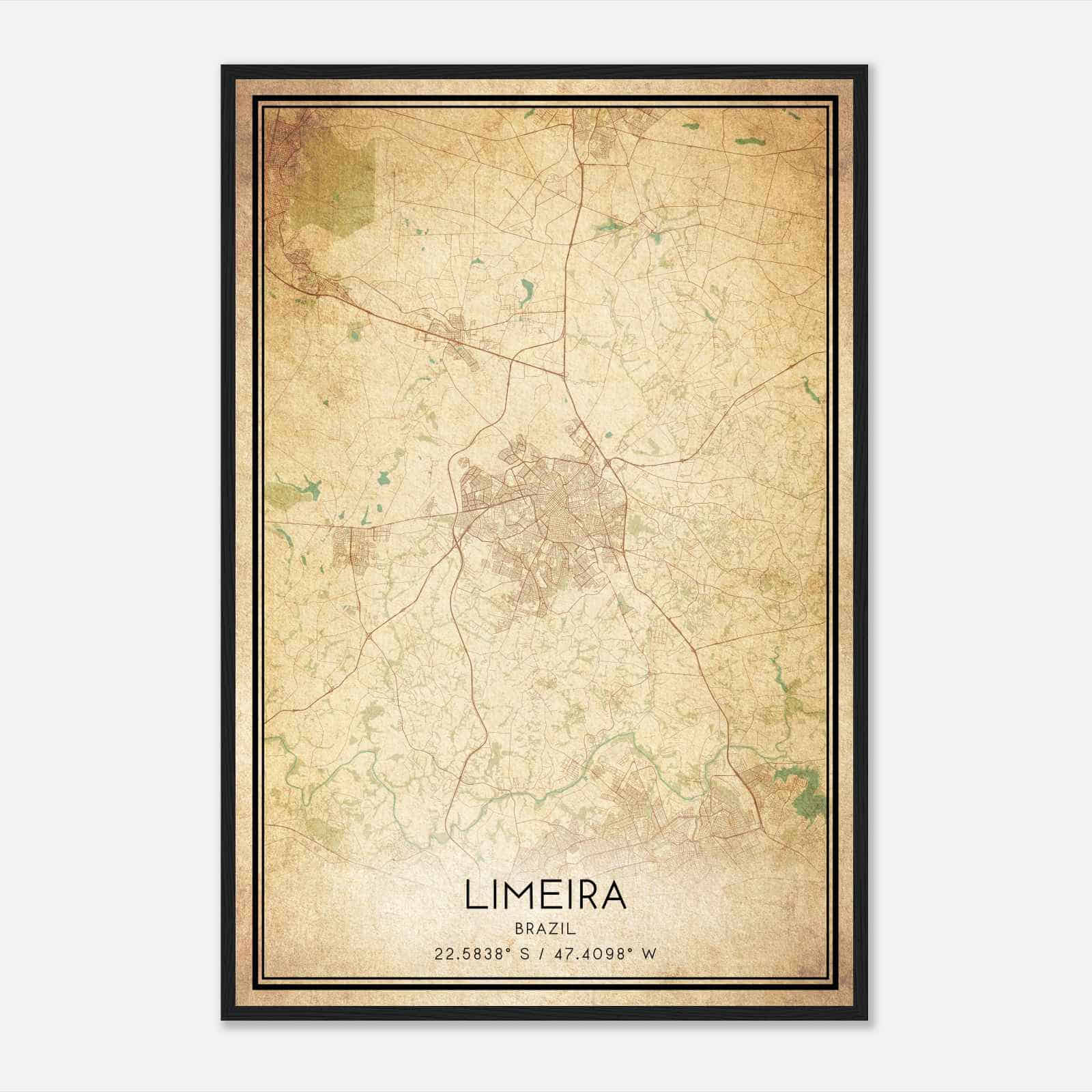 Vintage Limeira Brazil Map Poster, Limeira City Road Wall Art Print