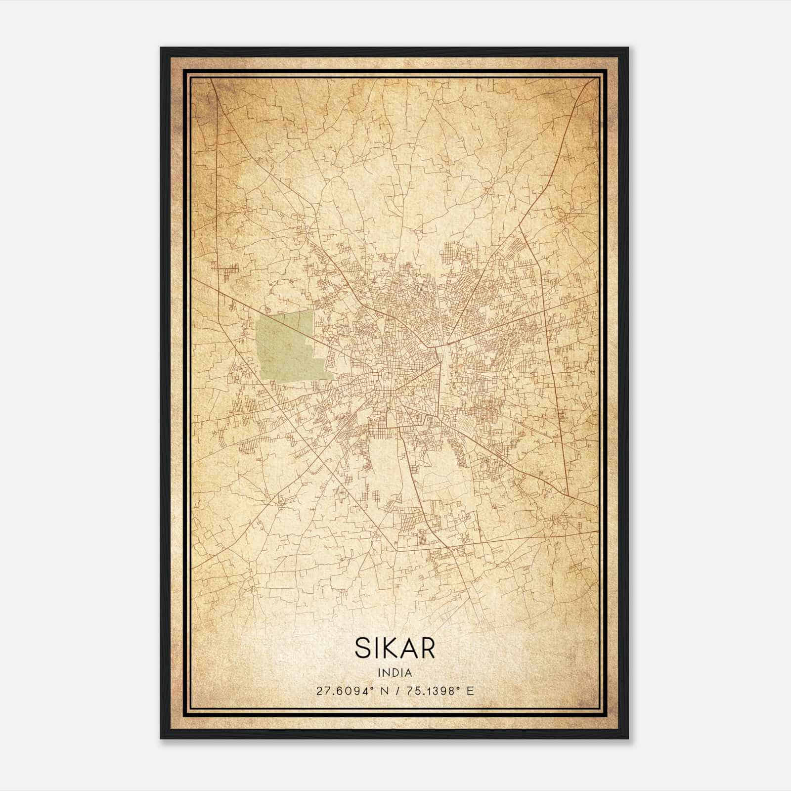 Vintage Sikar India Map Poster, Sikar City Road Wall Art Print