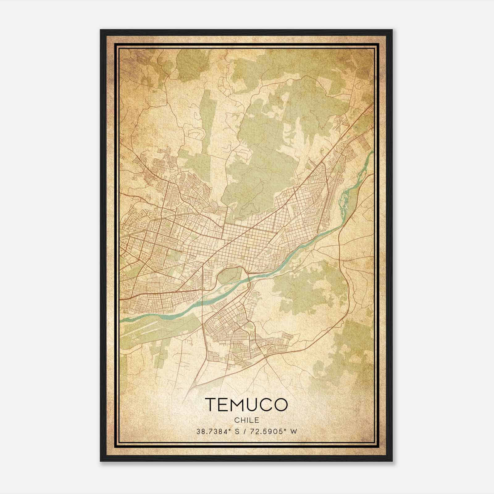 Vintage Temuco Chile Map Poster, Temuco City Road Wall Art Print