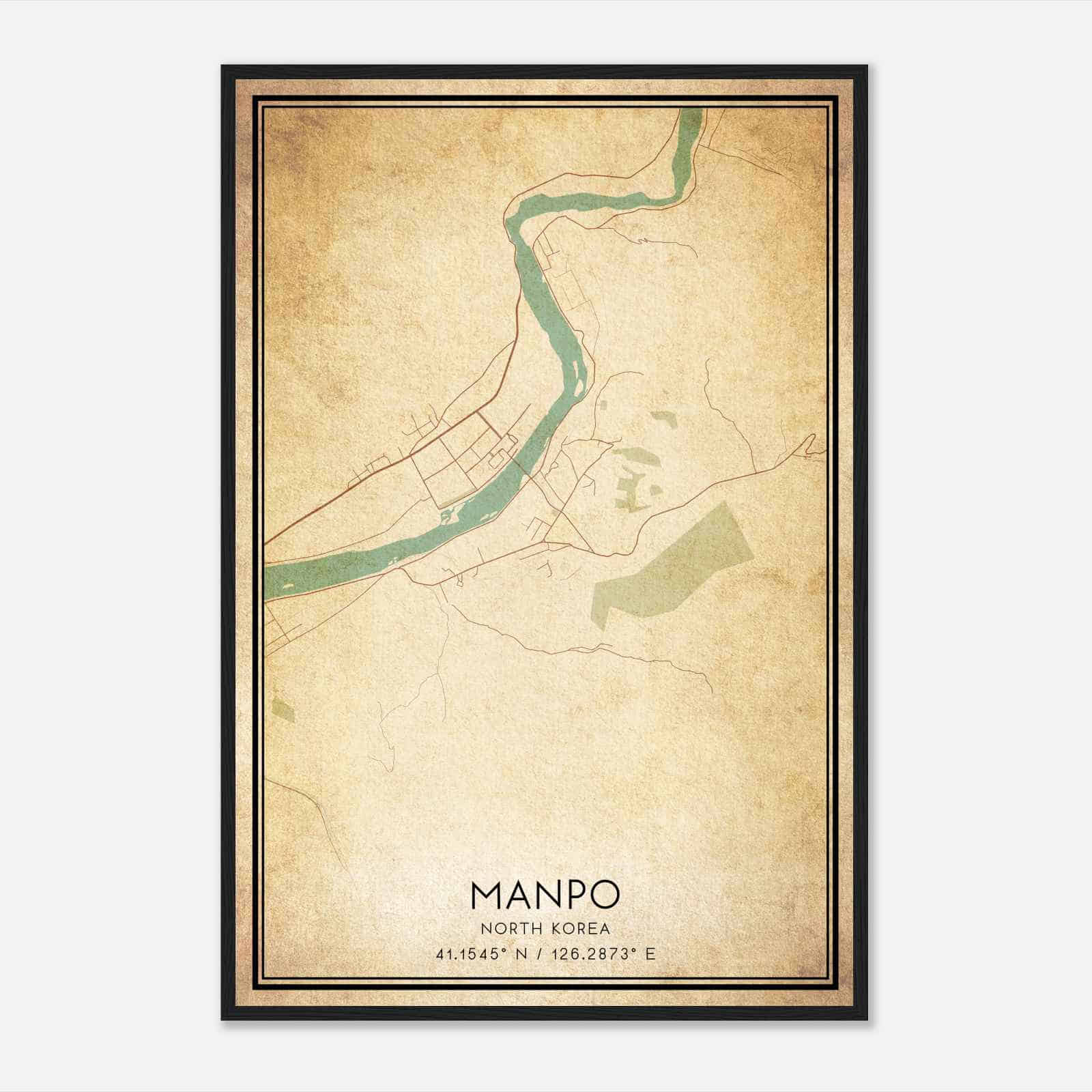Vintage Manpo North Korea Map Poster, Manpo City Road Wall Art Print